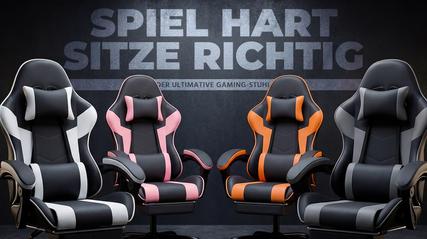 Chaise de gaming ergonomique avec repose-pieds, accoudoirs réglables, chaise de bureau, ergonomique, avec support lombaire - Noir/gris (gris)