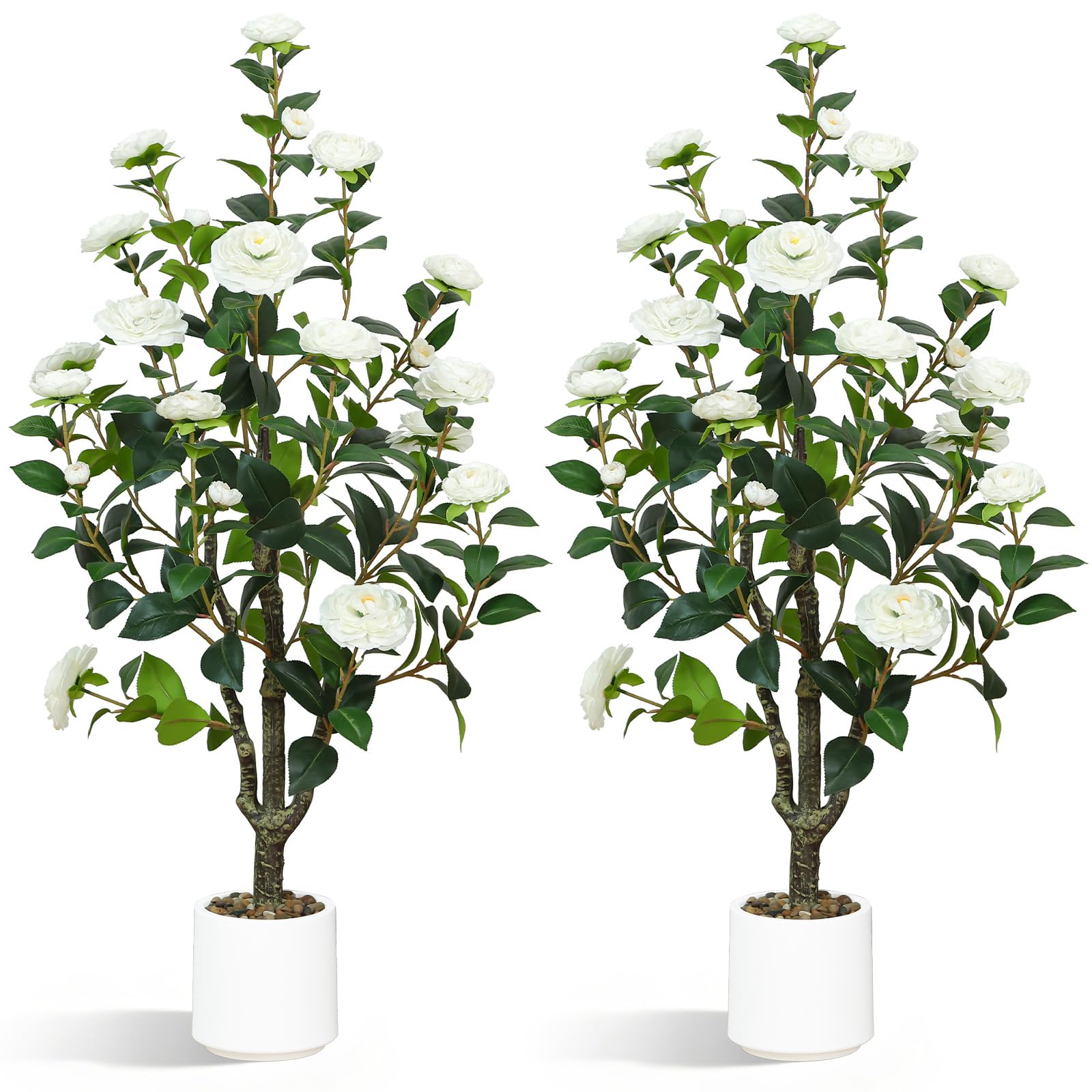 UPBUD Artificial Camellia Tree 2 Pack – 40'' Realistic Fake Potted Plant with 30 White Flowers, Lifelike Faux Camellia Trees for Home, Living Room,
