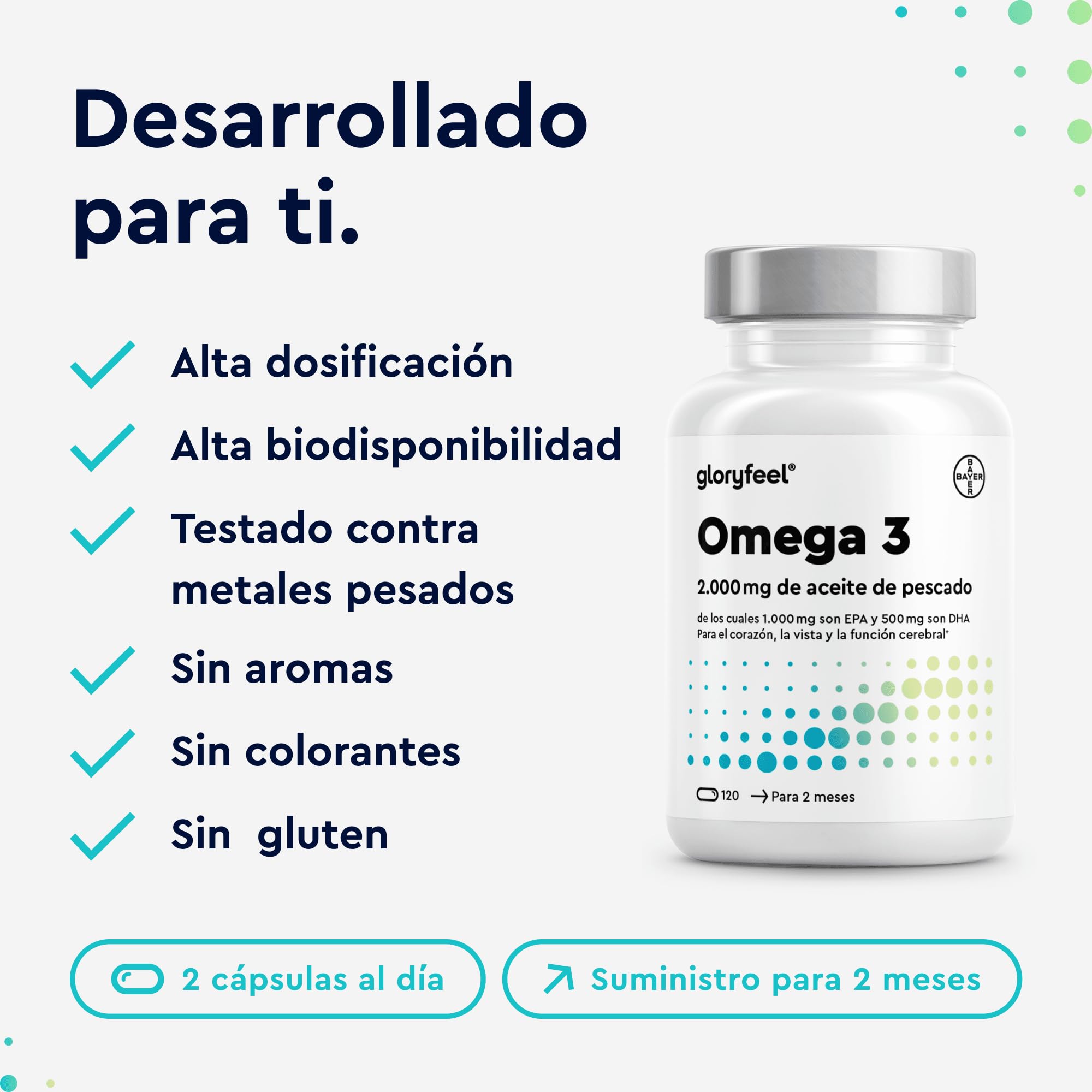 Omega 3 Cápsulas 2000mg - Alta potencia 1000mg EPA + 500mg DHA - Triglicéridos reesterificados - Aceite de pescado de alta biodisponibilidad - Soporte para el colesterol, cerebro y corazón*
