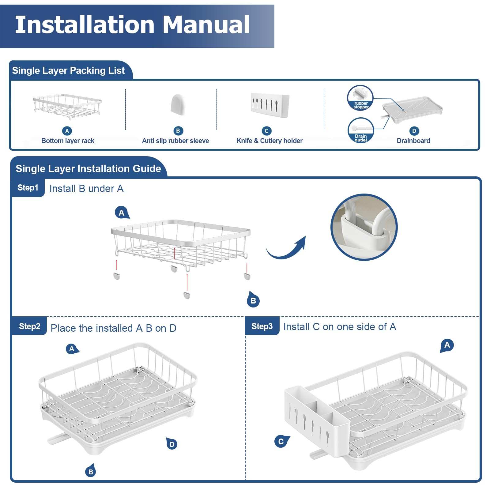 Égouttoir à vaisselle simple couche avec porte-ustensiles, bec rotatif à 360 °, égouttoir à vaisselle pour comptoir de cuisine, grande capacité pour assiettes, bols, tasses, égouttoir à