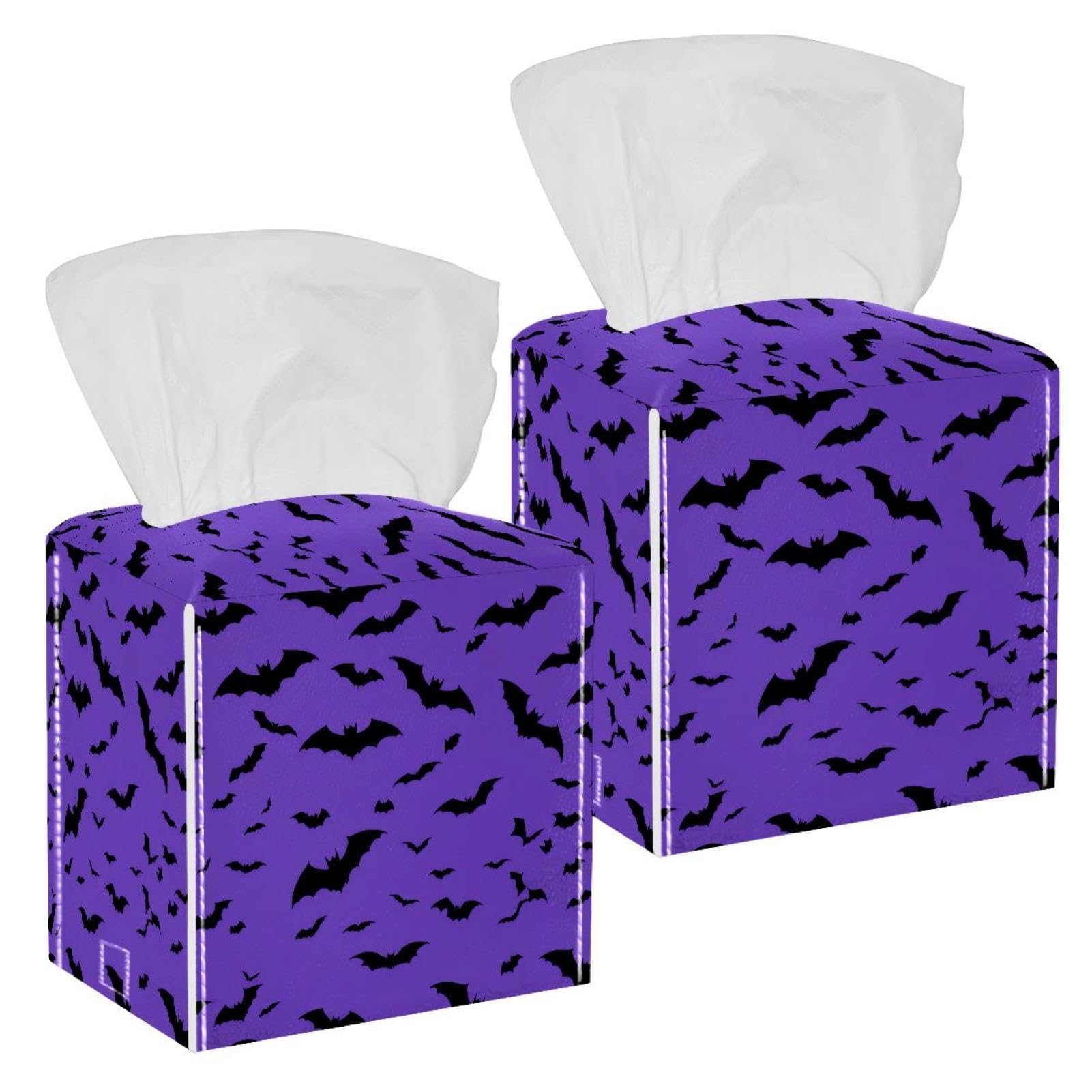 Halloween Bat Tissue Box Cover, 2 Pack PU Leather Square Facial Tissue Dispenser Box holder for Home Office Car