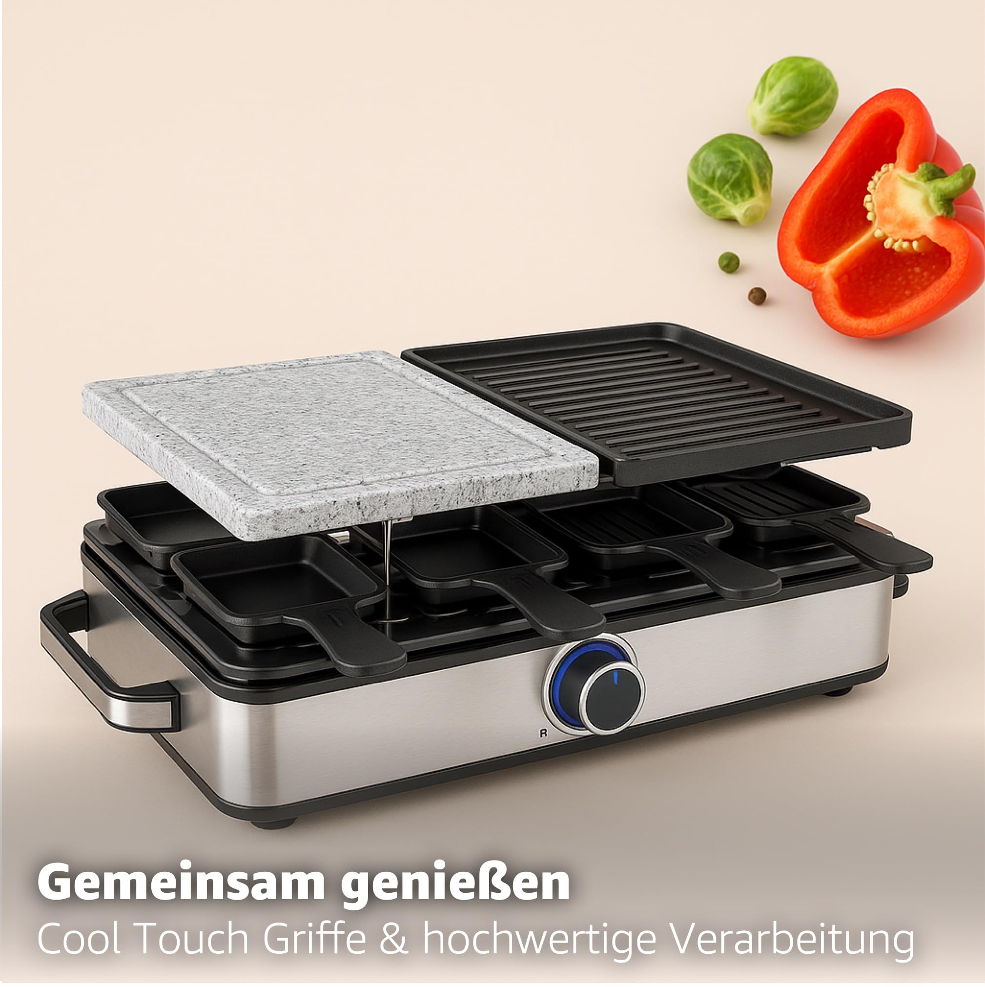 Set raclette per 8 persone con piastra in pietra calda con padella e raschietto – antiruggine e regolabile (rettangolare)