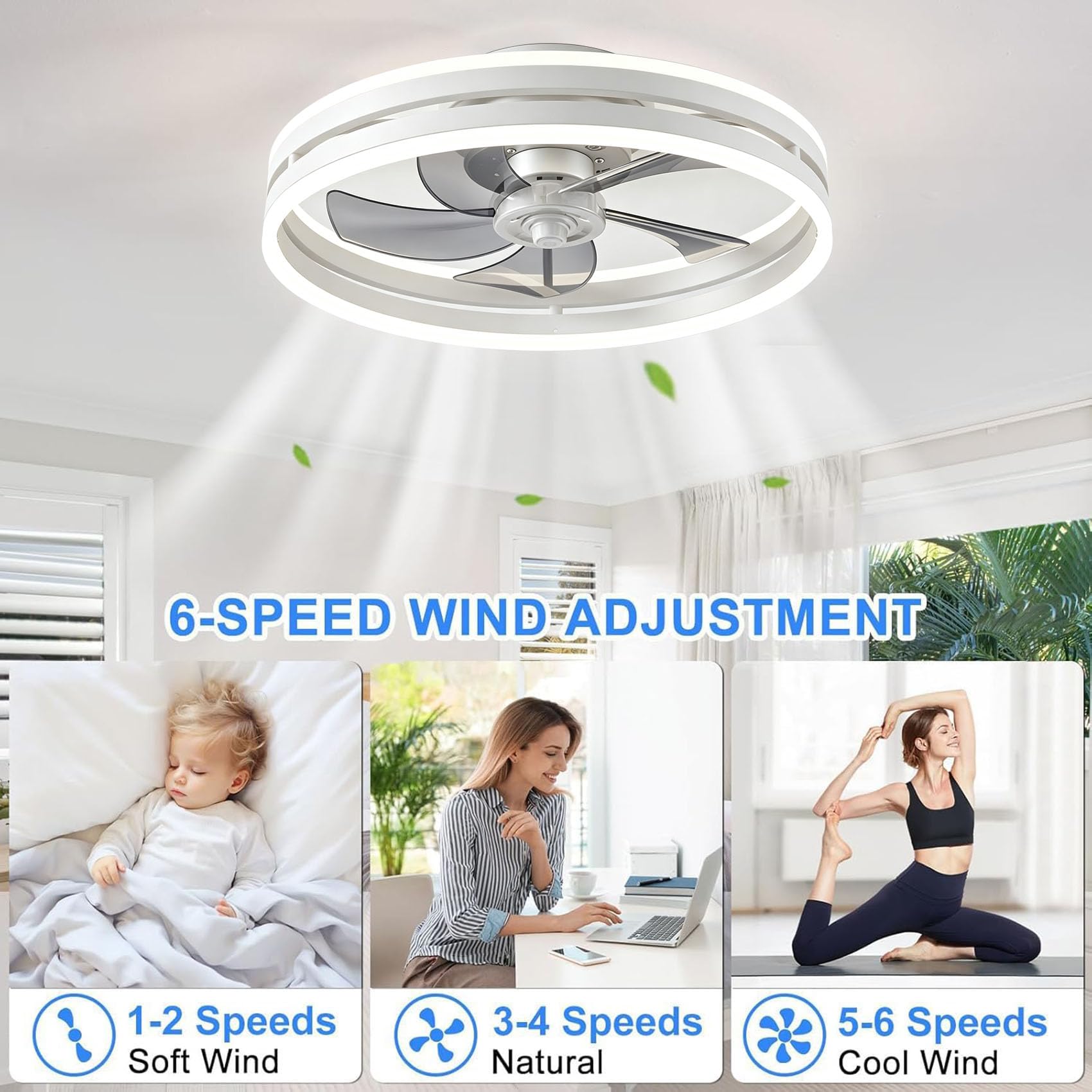 LED Deckenventilator mit Beleuchtung Leise, Dimmbare Deckenleuchte mit Ventilator, Umkehrbare 6-Speed Lampe mit Ventilator, 5 Lüfterflügel, Timer deckenlampe mit licht(Bianco)