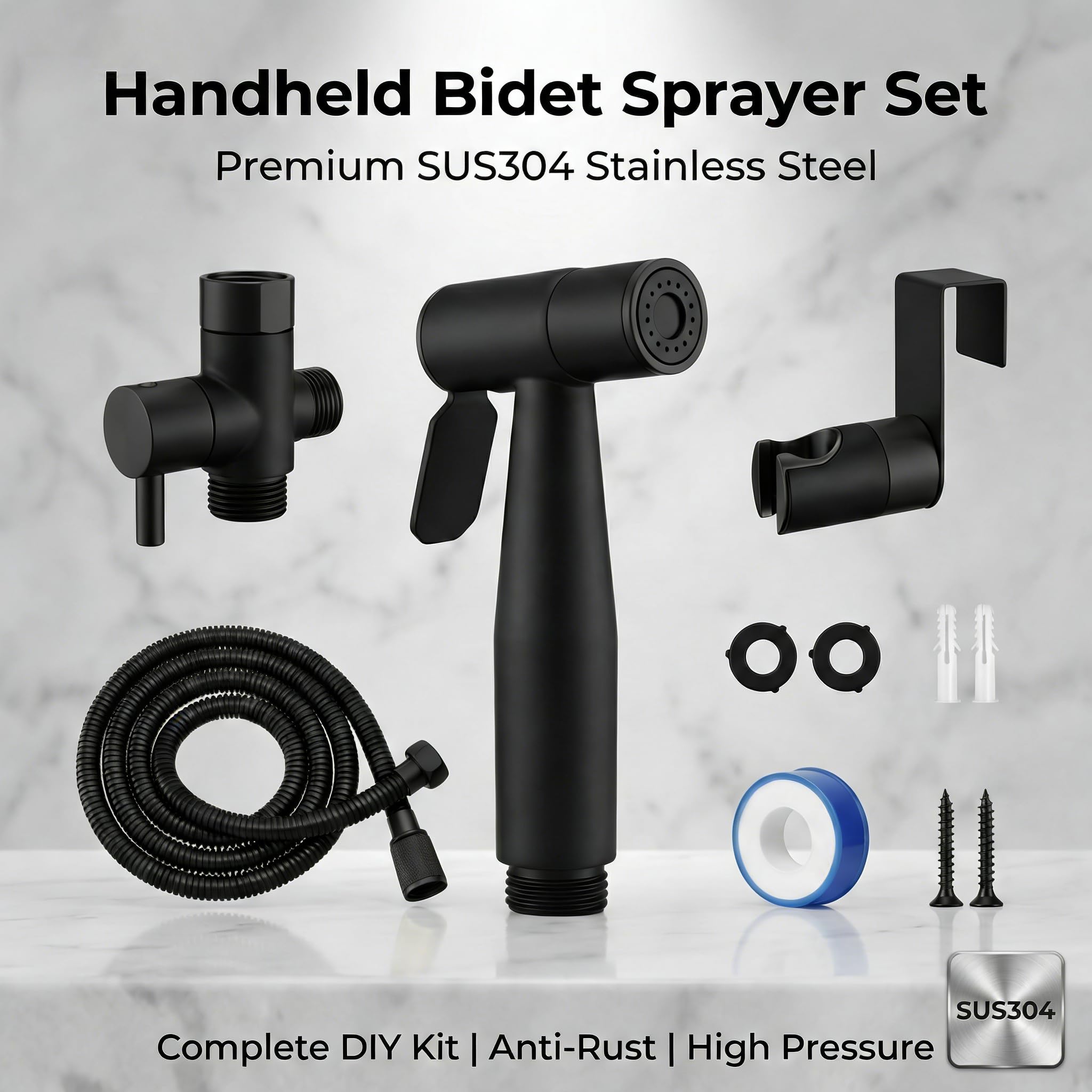 Grifo Bidet para WC Ducha Higiénica de Acero Inoxidable con Manguera 1.5m, para Higiene Personal y Limpieza de Mascotas Incluye Adaptador G1/2 (Negro) — view 8