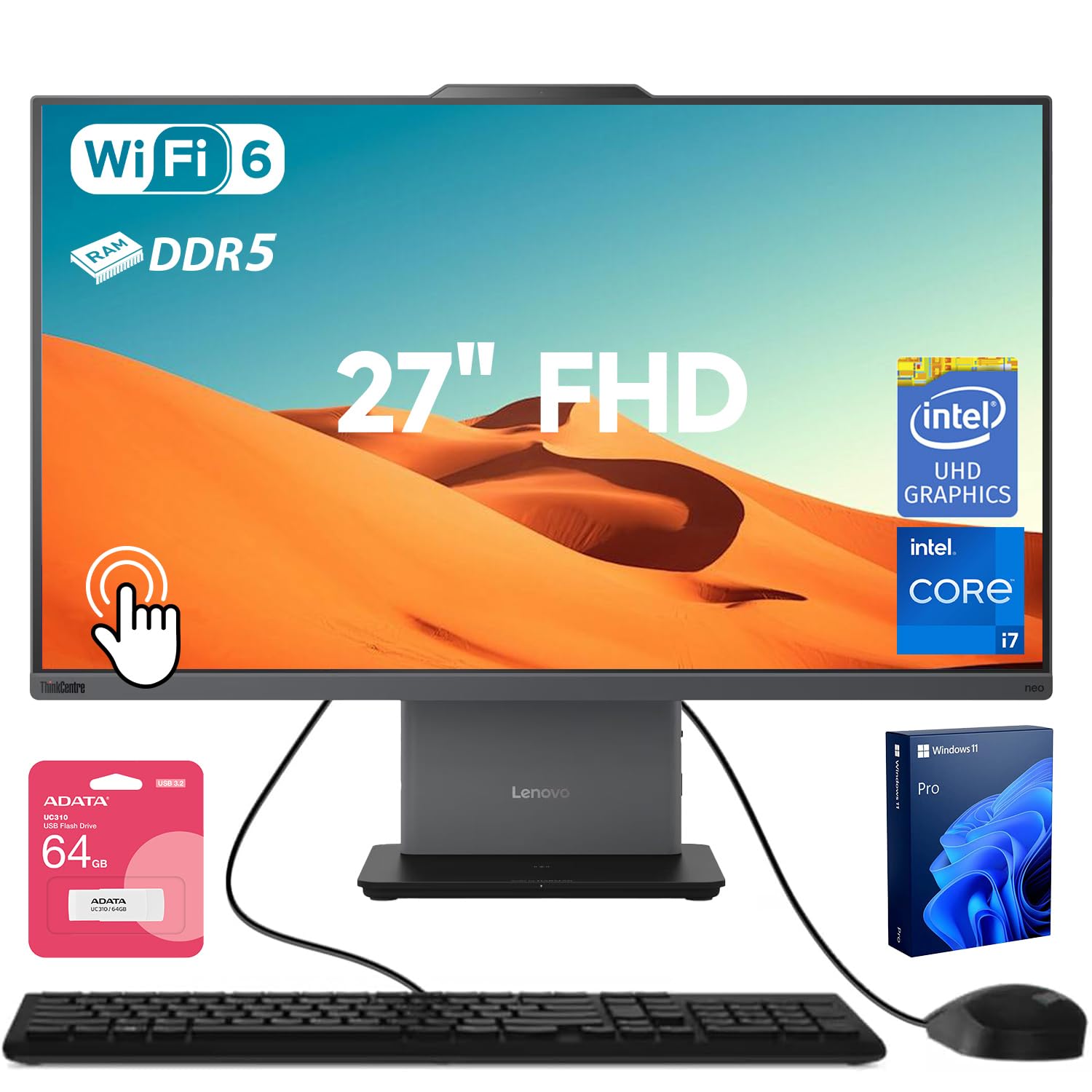 Lenovo ThinkCentre Neo 50a All-in-One Business Desktop, 27” FHD 100Hz Touchscreen, Intel Core i7-13620H, 64GB DDR5, 2TB SSD, Webcam, HDMI, Wi-Fi 6, Wired KB & M, Win 11 Pro, Adata Flash Drive Bundle