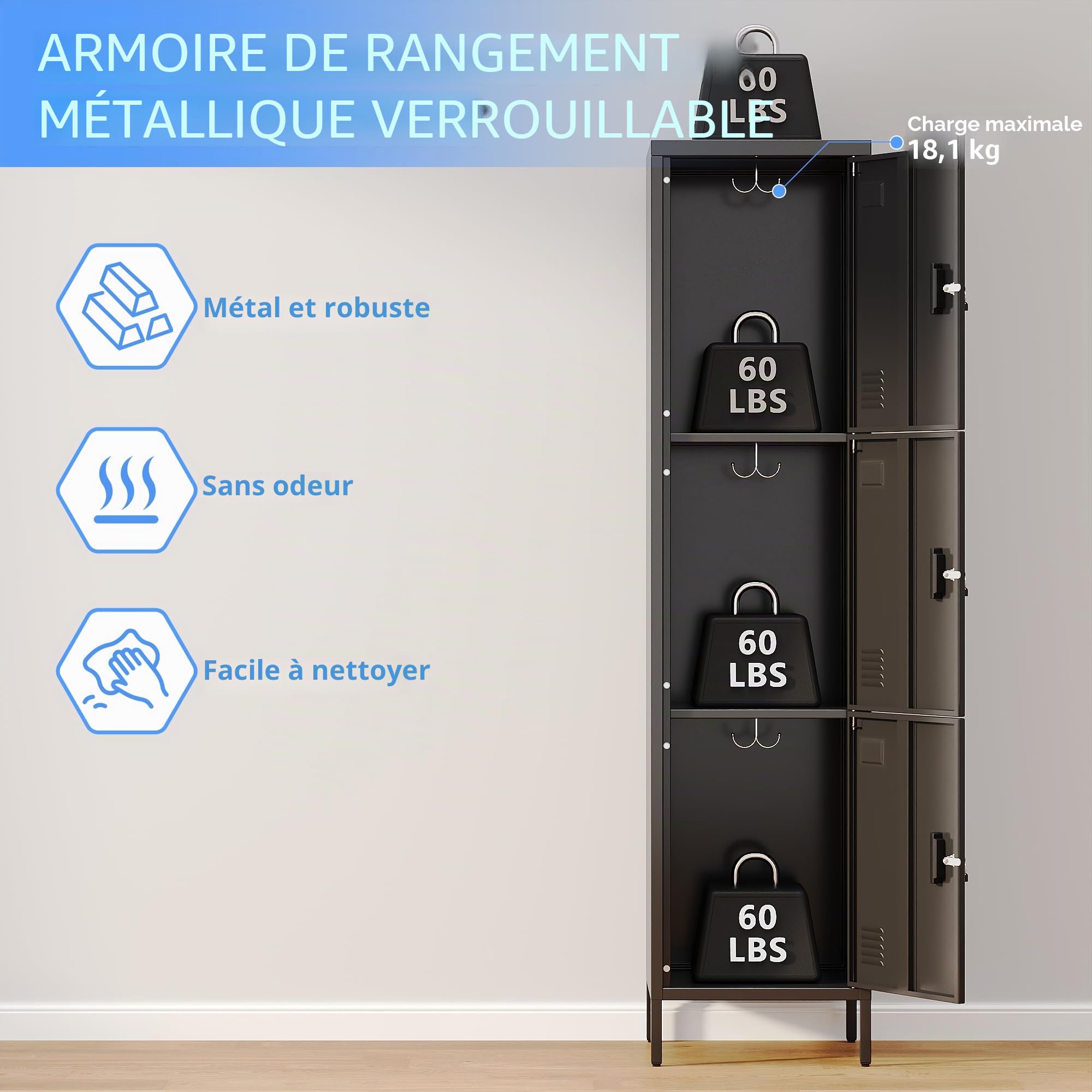 Armoire en métal 3 portes avec porte-cartes de visite 168 x 40 x 40 cm