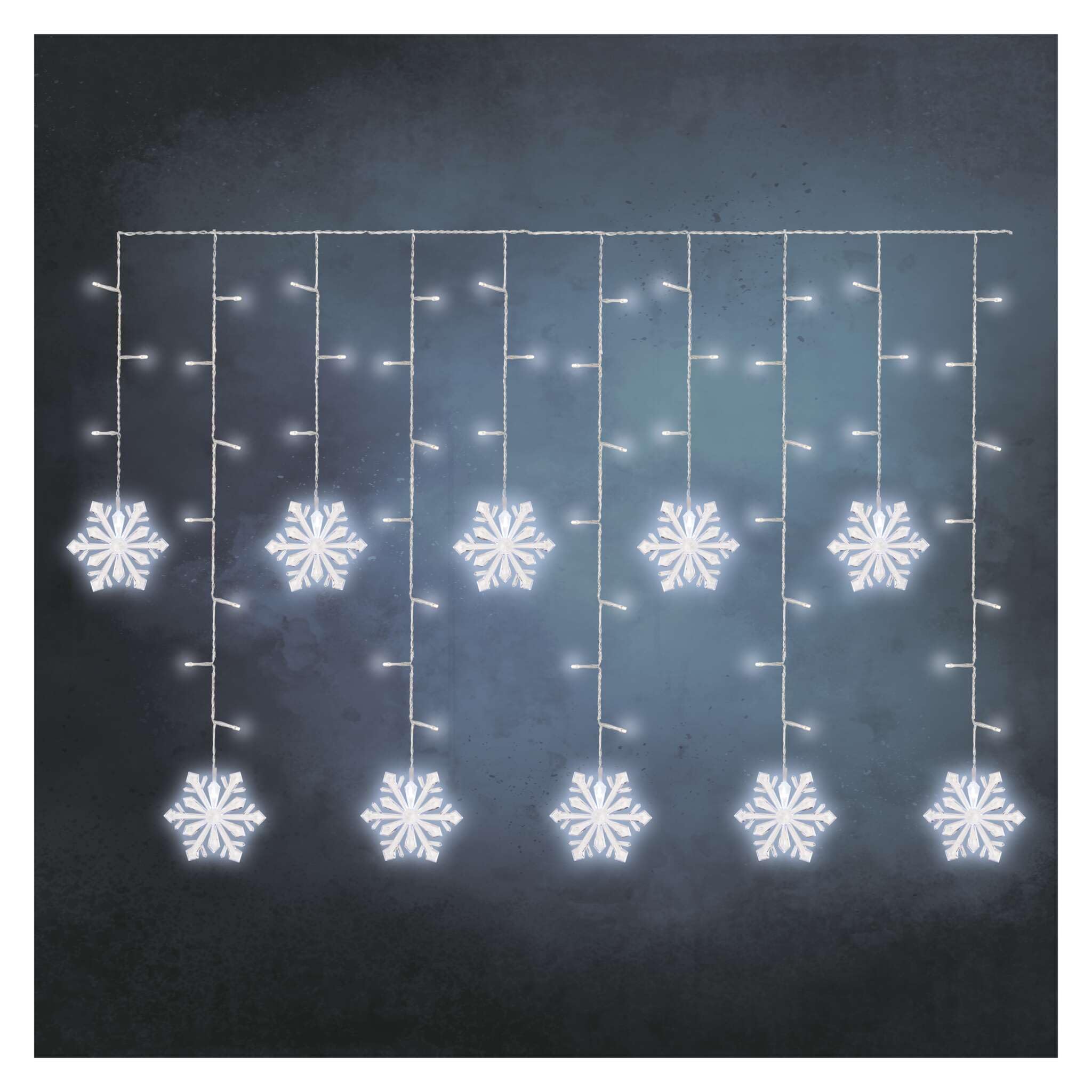 EMOS Guirnalda de copo de nieve con 60 ledes, cortina de luces de 135 cm + cable de 5 m, luz blanca fría, guirnalda de luces LED + fuente de alimentación, duración de la luz: 10.000 h, IP44 para