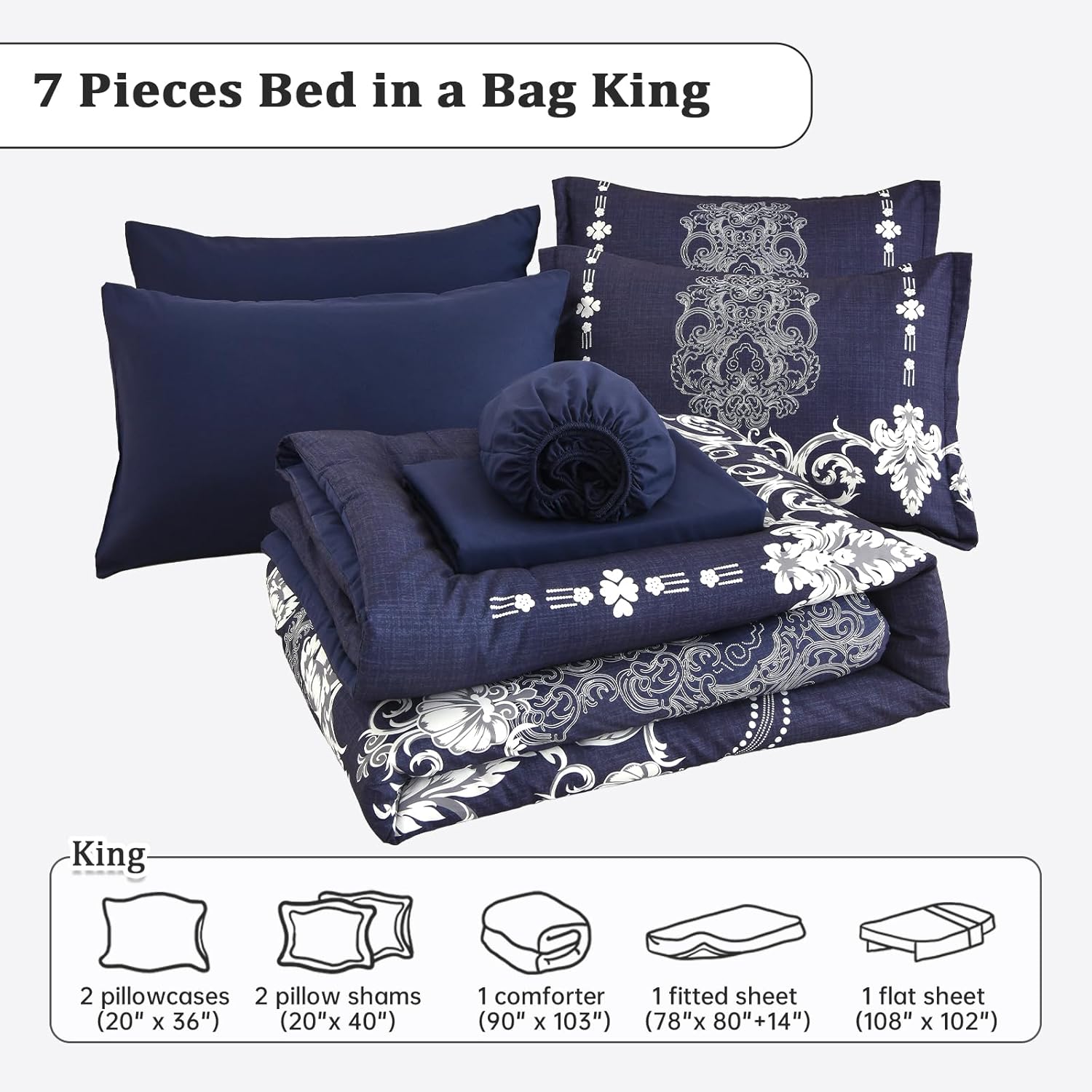 Mybedsoul 7 Pieces Navy Blue Comforter Set King Size, Damask Bed in a Bag for King Bed, Lightweight Microfiber Boho Bedding Sets with Comforter, Sheet, Pillowcases & Shams for All Season(90"x104") - Image 8
