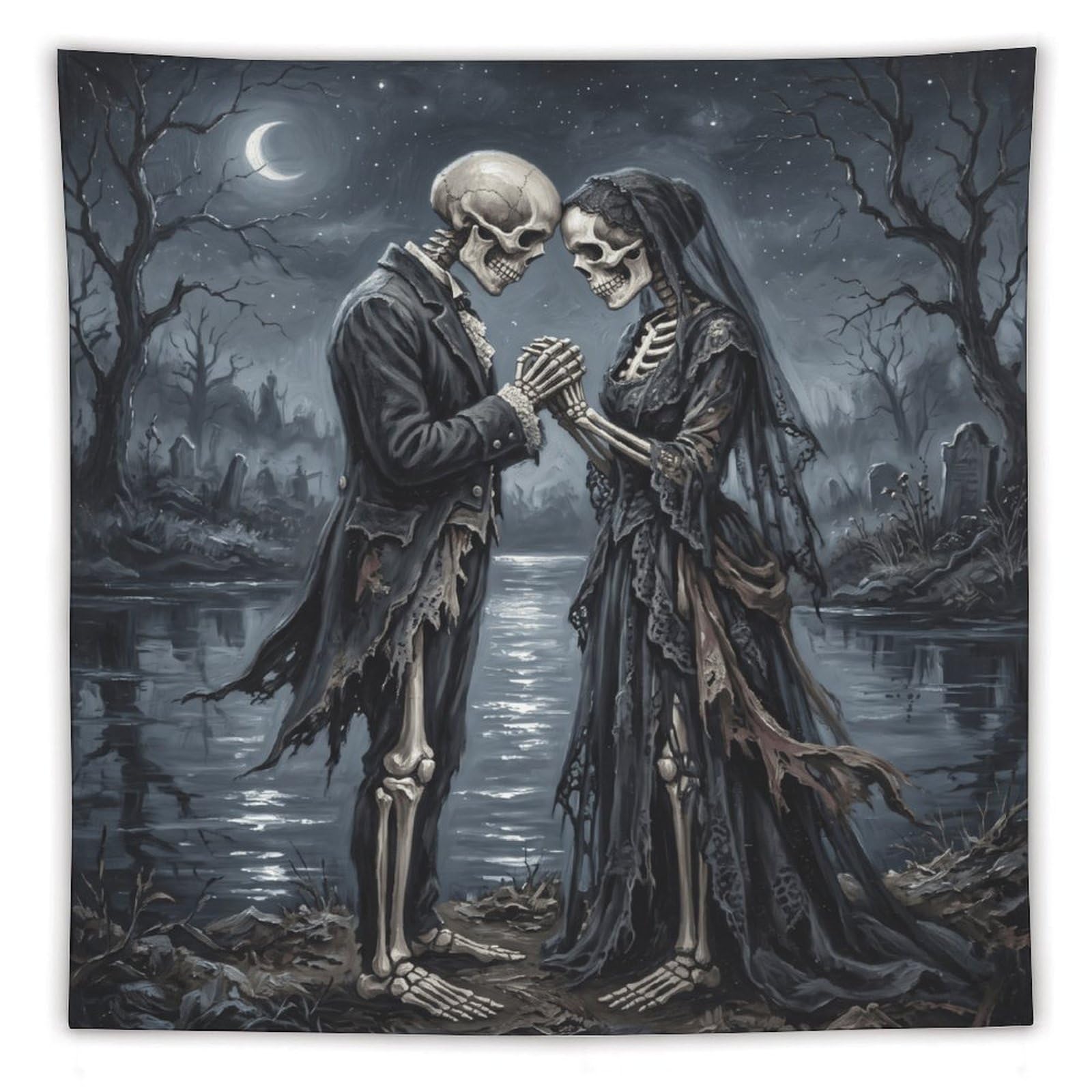 W7C8U2X3 Moonlit Skeleton Couple Wall Tapestry, Dark Fantasy Illustration