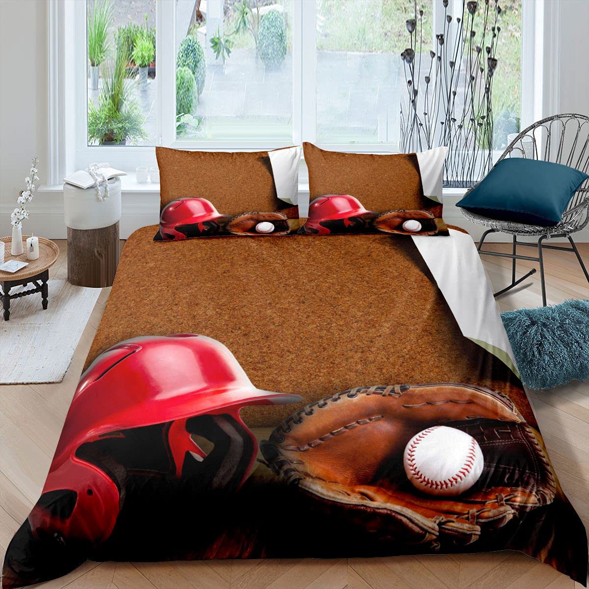 Juego de ropa de cama de béisbol para niños y niñas, equipo de pelota 3D ropa de cama y lino ultra suave cubierta de la colcha de la competencia marrón Super King cremallera