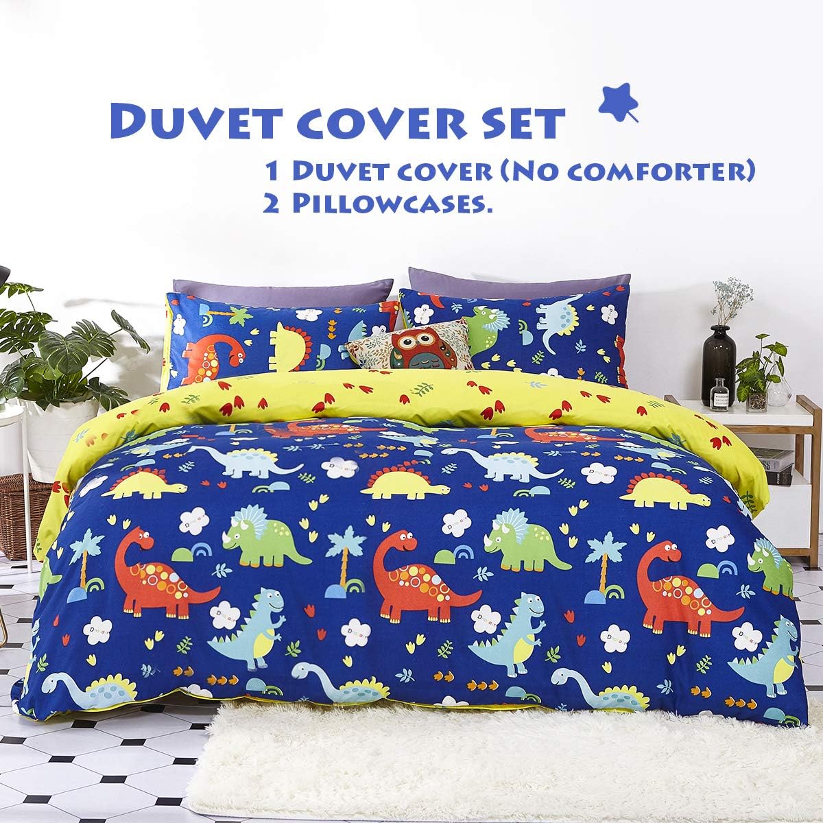 Eternal Moment Duvet Cover Set 3 Piece Set, Brushed Microfiber Hotel Collection Ultra Soft, Comforter Cover with Zipper Closure and 2 Pillowcases, Dinosaur-Queen