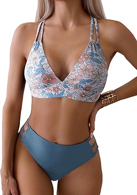 Fanuerg Women's Sexy V Neck Bikini Sets Hollow Out Two Piece Swimsuits Cutout Mid Waist Bathing Suit