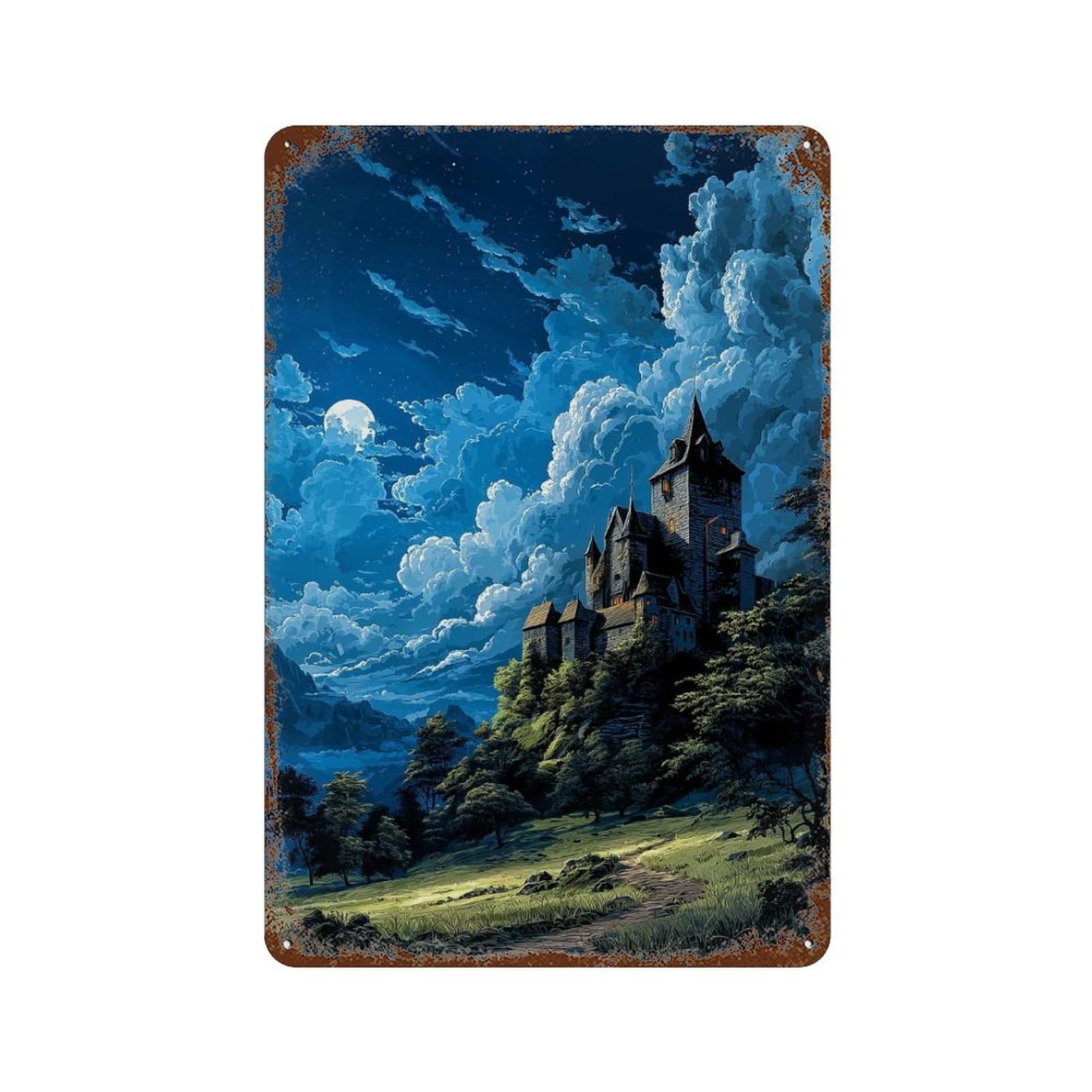 Weathered Tin Sign Anime Castle Under Moonlight 11.8"x7.9", Rustic Home Decor for Basement, Hobby Room And Garage Decor