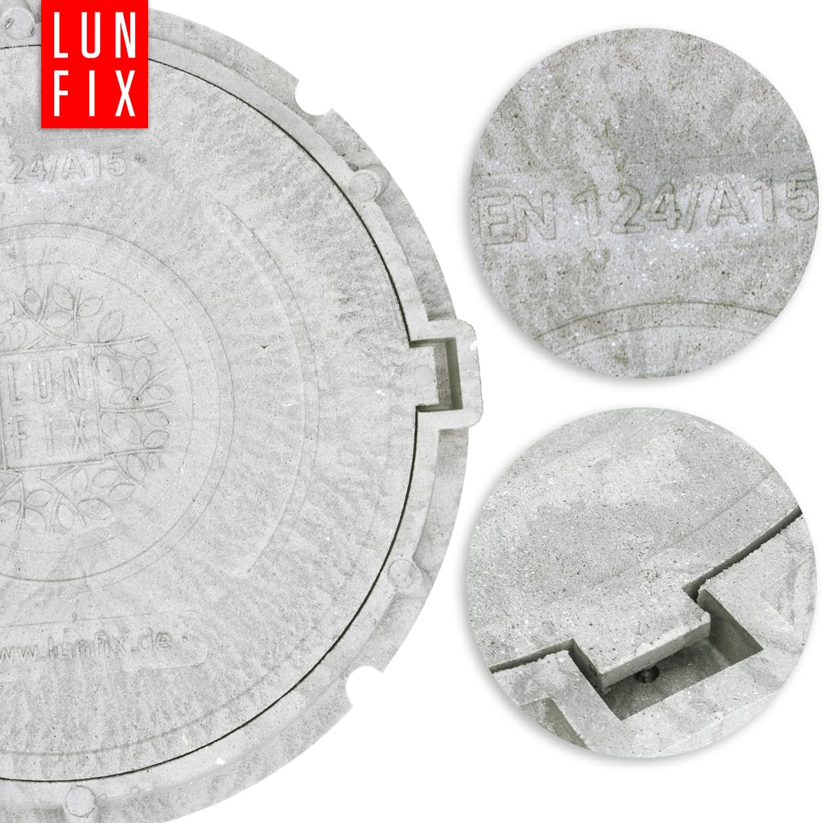 Tapa de arqueta redonda DN 600 mm gris claro clase A15 1,5t, Lun Fix | Polímero-sand resistente, tornillos antimanipulación, cubierta de registro para pozo de drenaje