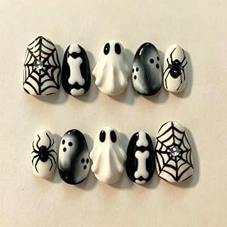 30Pcs Halloween Gothic Press On Nails Short Almond Black White Spooky False Nails with Spider, Rhinestone & Bone Design,Full Cover Glossy Glue on Acrylic Nails for Women