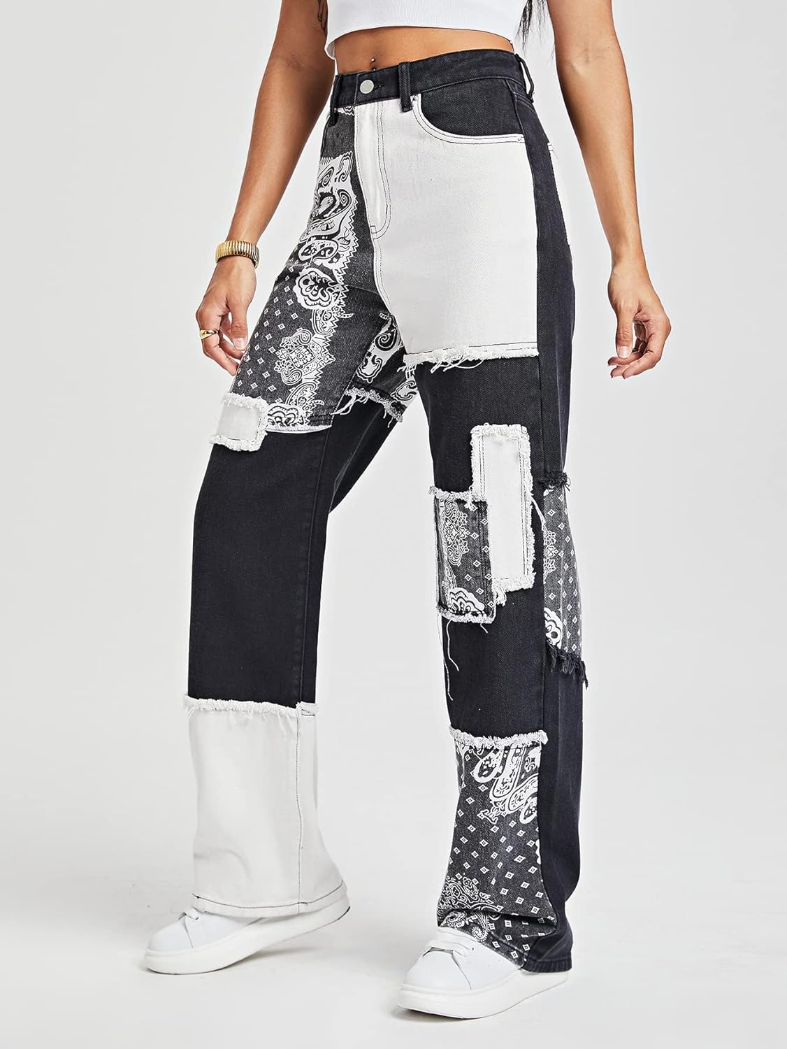 WDIRARA Women's Cow Print Ripped Jeans High Waisted Button Skinny Denim Pants - Image 5