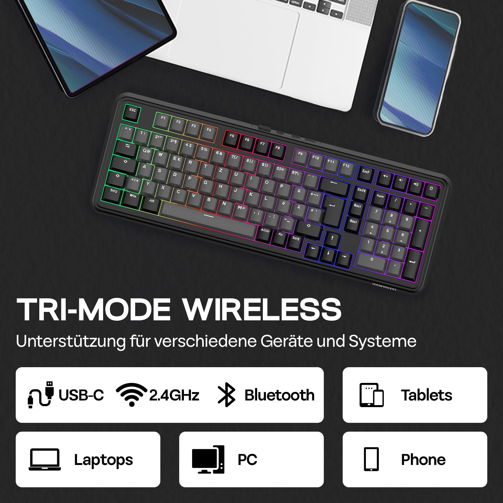 EPOMAKER TH99-ISO-DE German Layout QWERTZ Mechanical Keyboard Wireless, 96% Gaming Keyboard with Numpad, Hot-Swap, RGB, Gasket, BT/2.4G/USB-C, Programming Software (Black, Sea Salt Silent V2)
