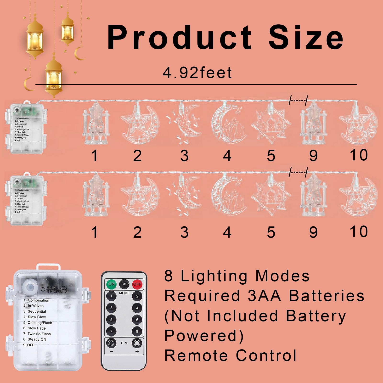 iwiio Eid Decorations, Eid String Lights, LED Ramadan Lights, 10ft Eid Fairy Lights, Eid Moon Star Kerosene Lantern Lamp - Image 2