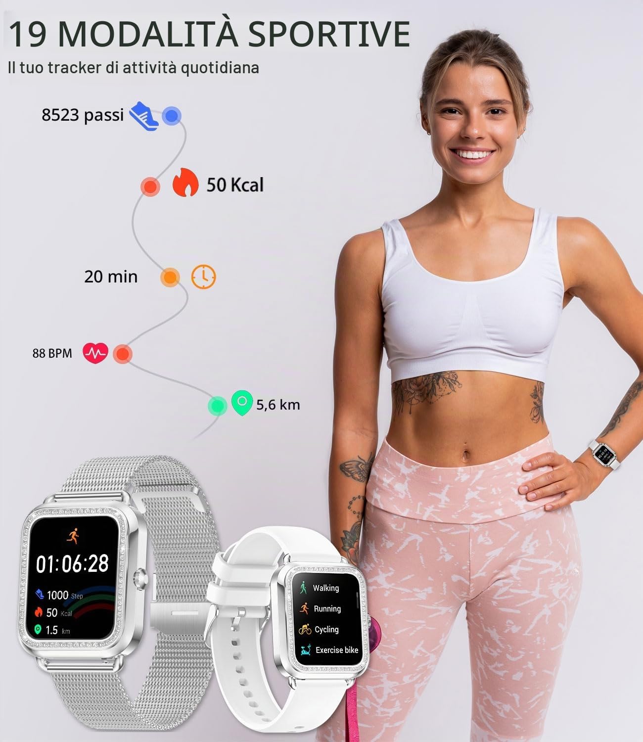 Smartwatch Donna Chiamate e Assistente Vocale, Orologio Smart Watch con Cardiofrequenzimetro Sonno SpO2, Notifiche Messaggi Contapassi Orologio Fitness per Android iOS 2 Cinturini