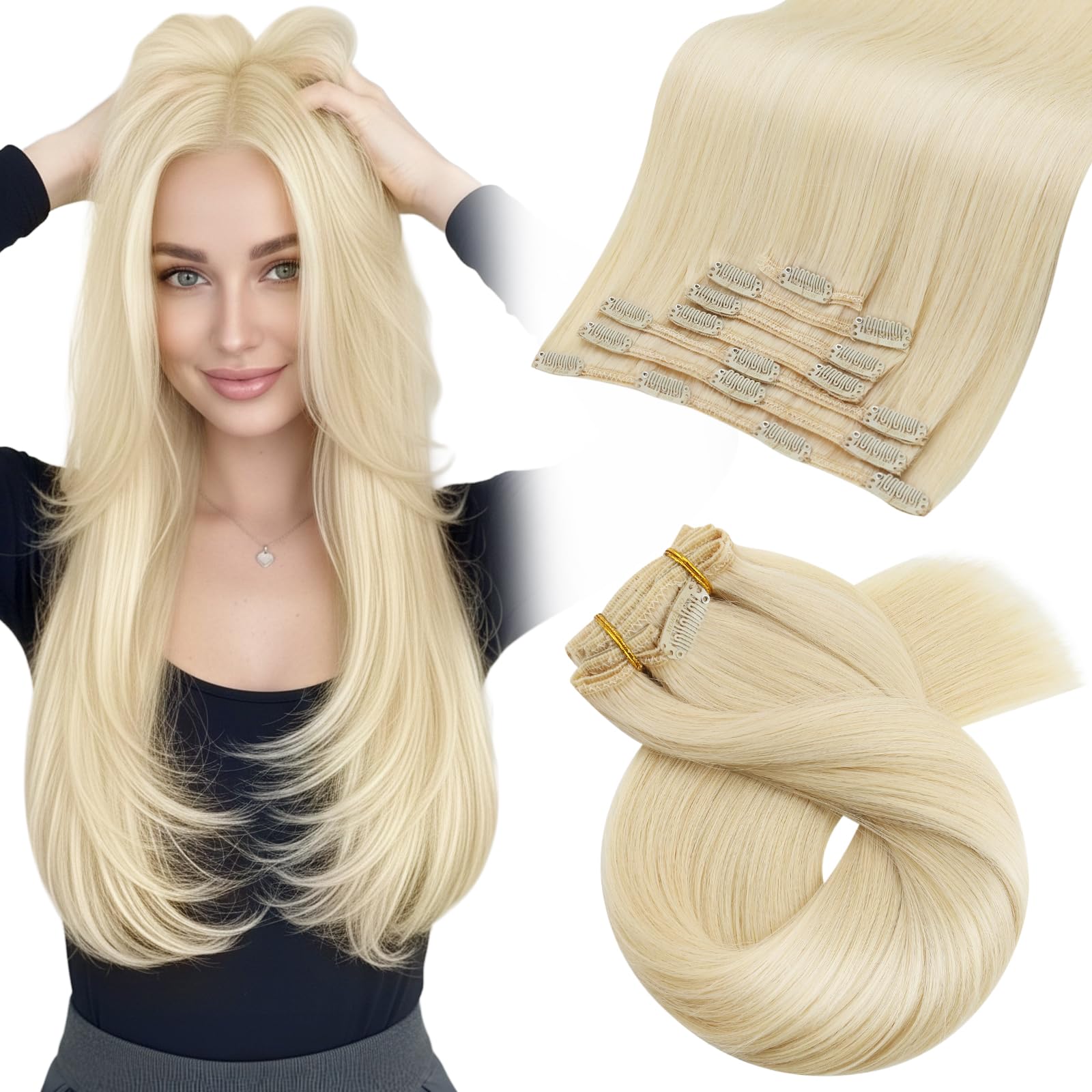 Moresoo Human Hair Extensions Clip in Real Hair Ash Blonde with Bleached Blonde Clip in Hair Extensions Remy Human Mid-length Hair Layered Add Volume 14 Inch 5pcs/80g #P18/613 — view 31