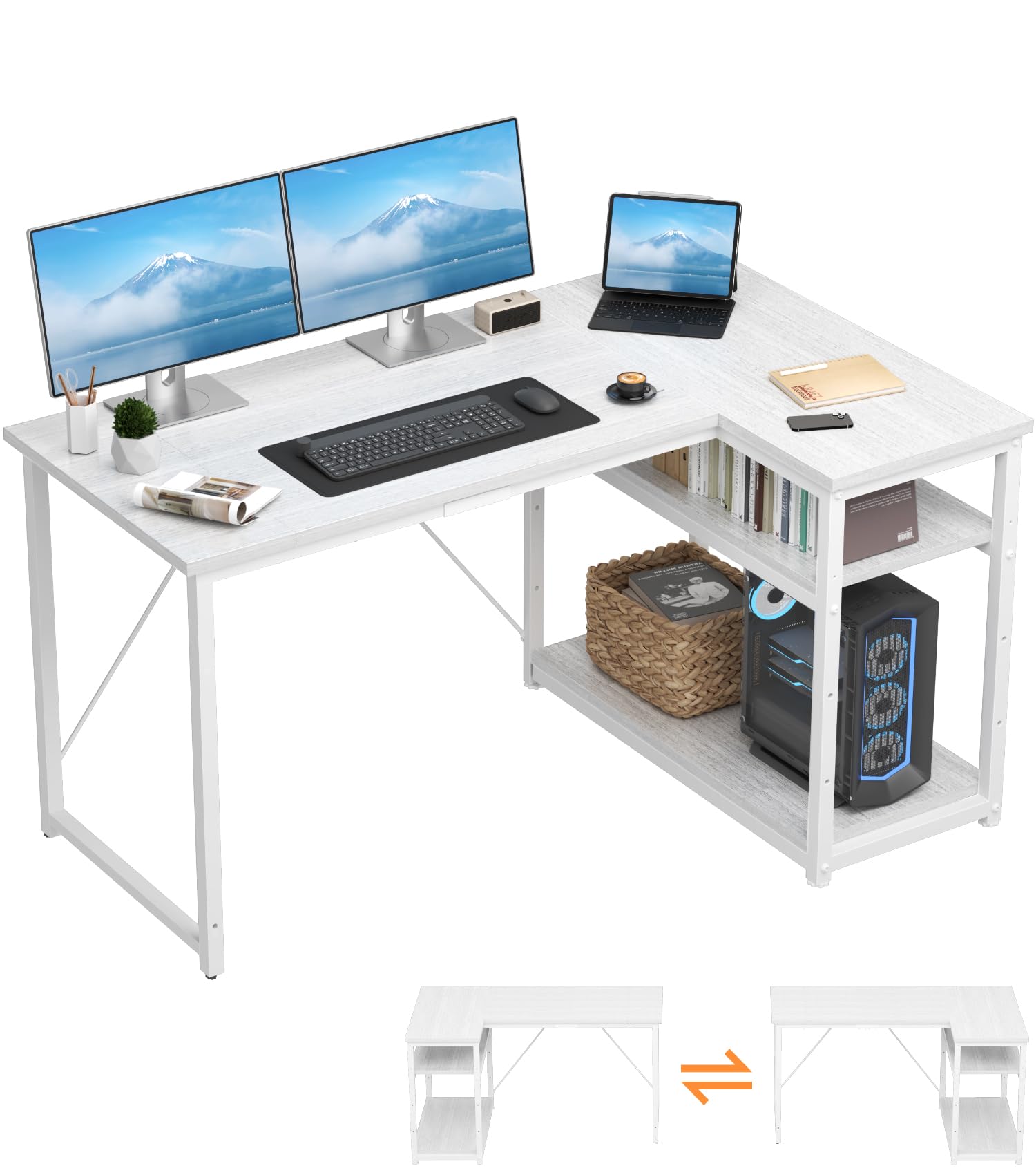 TRIUMPHKEY Escritorio Esquinero en L de 140x80 cm con Almacenamiento, Escritorio de Esquina con Estante Reversible, Estable Mesa Ordenador en L para Oficina, Estudio o Secretaría, Blanco