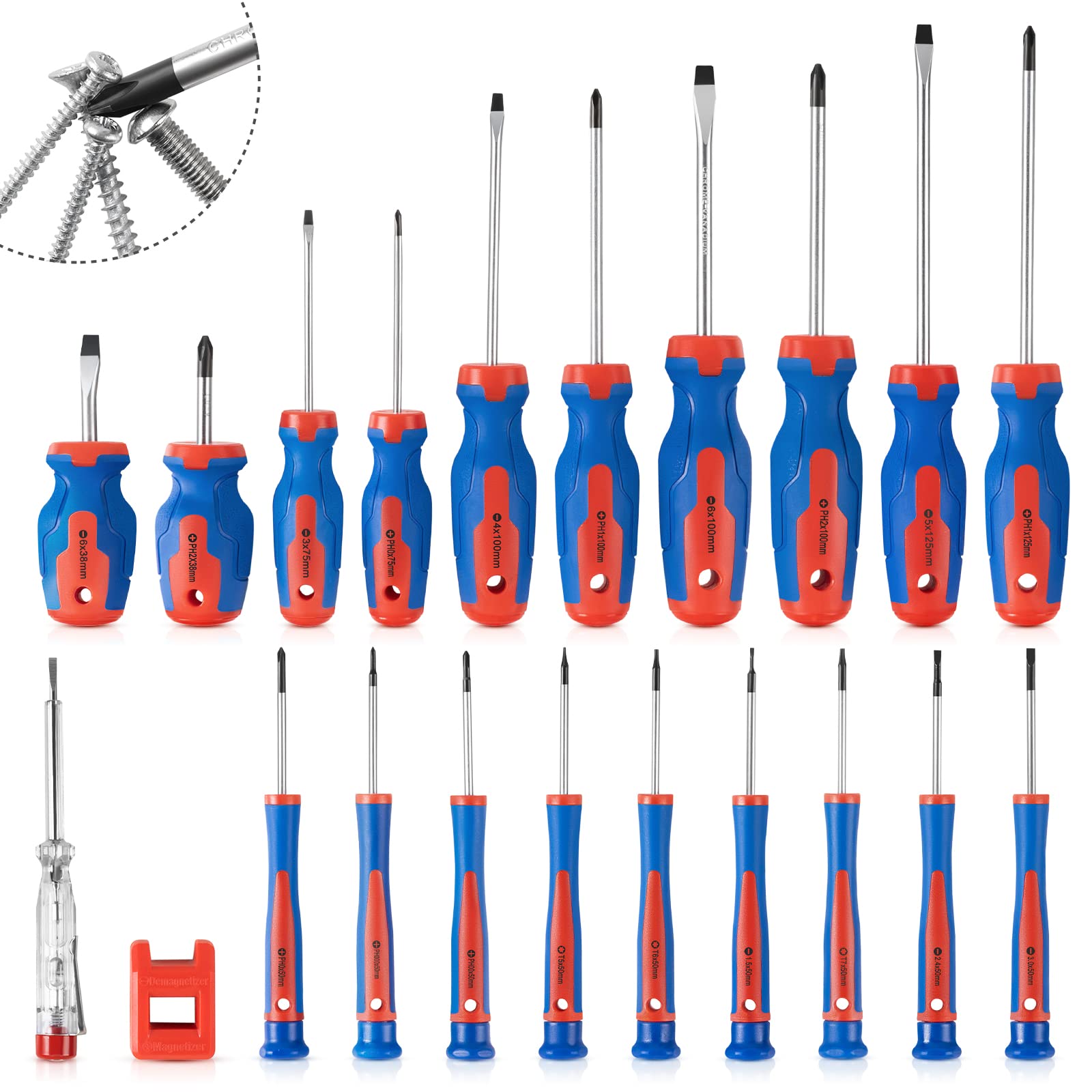 XJX  21-Piece Magnetic and Precision Screwdrivers Set, Phillips, Slotted, Torx Star, Non-Slip Magnetic Screwdriver Repair Tool Kit, for Fastening and Loosening Seized