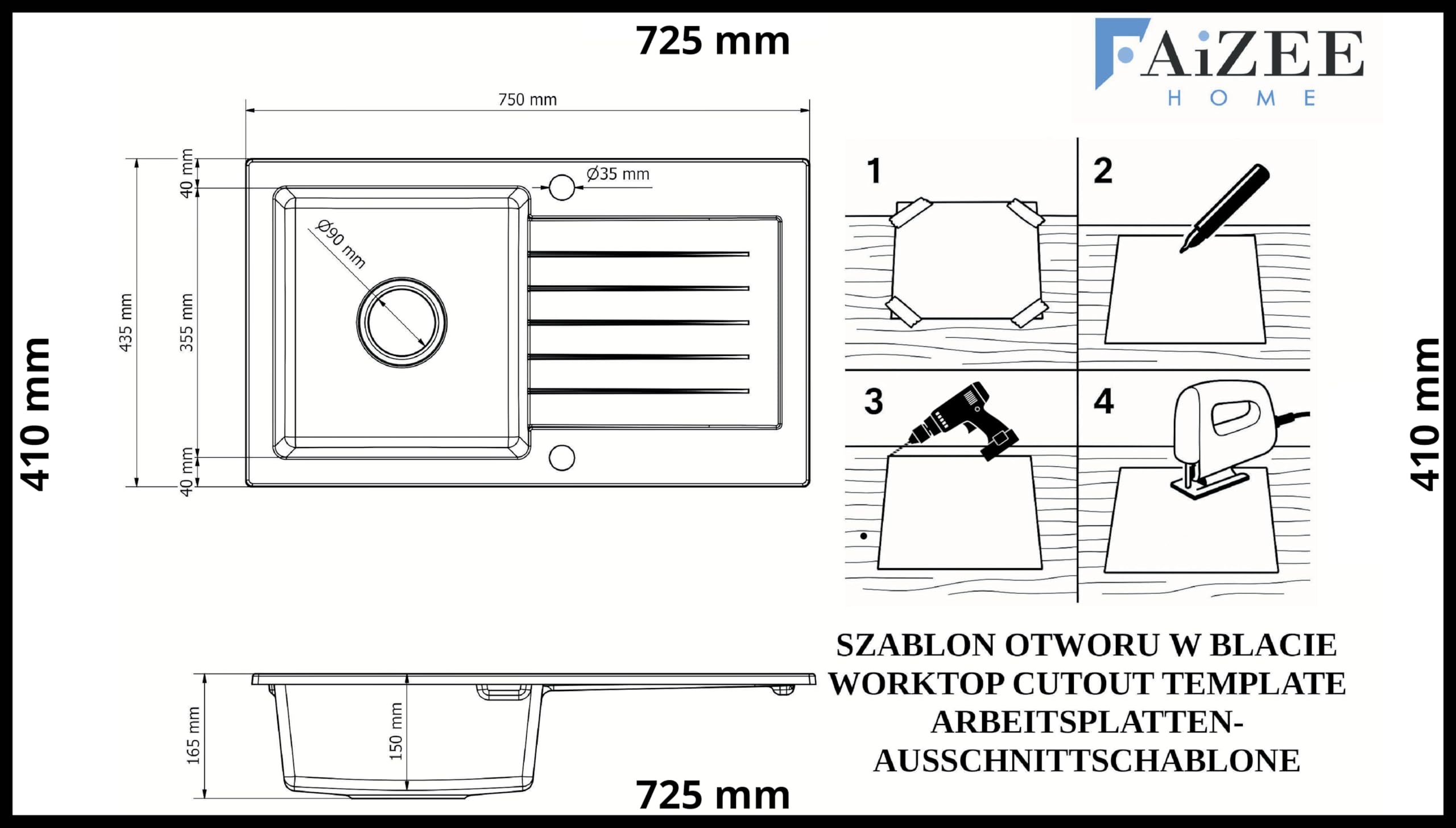 Faizee Home | Alisha Granitspüle 75x43,5 cm Beige – Hochwertige Küchenspüle aus Granit, kratzfest & hitzebeständig | Einbauspüle für Unterschränke ab 45 cm