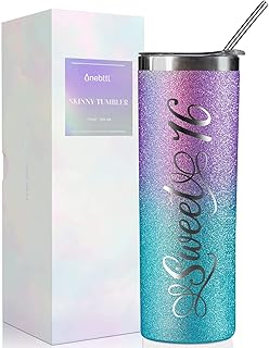 Onebttl Sweet 16 Gifts for Girls, Her, Daughter- Sweet Sixteen - 20oz/590ml Stainless Steel Insulated Glitter Tumbler with Straw, Lid, Message Card - (Purple-Blue Gradient)