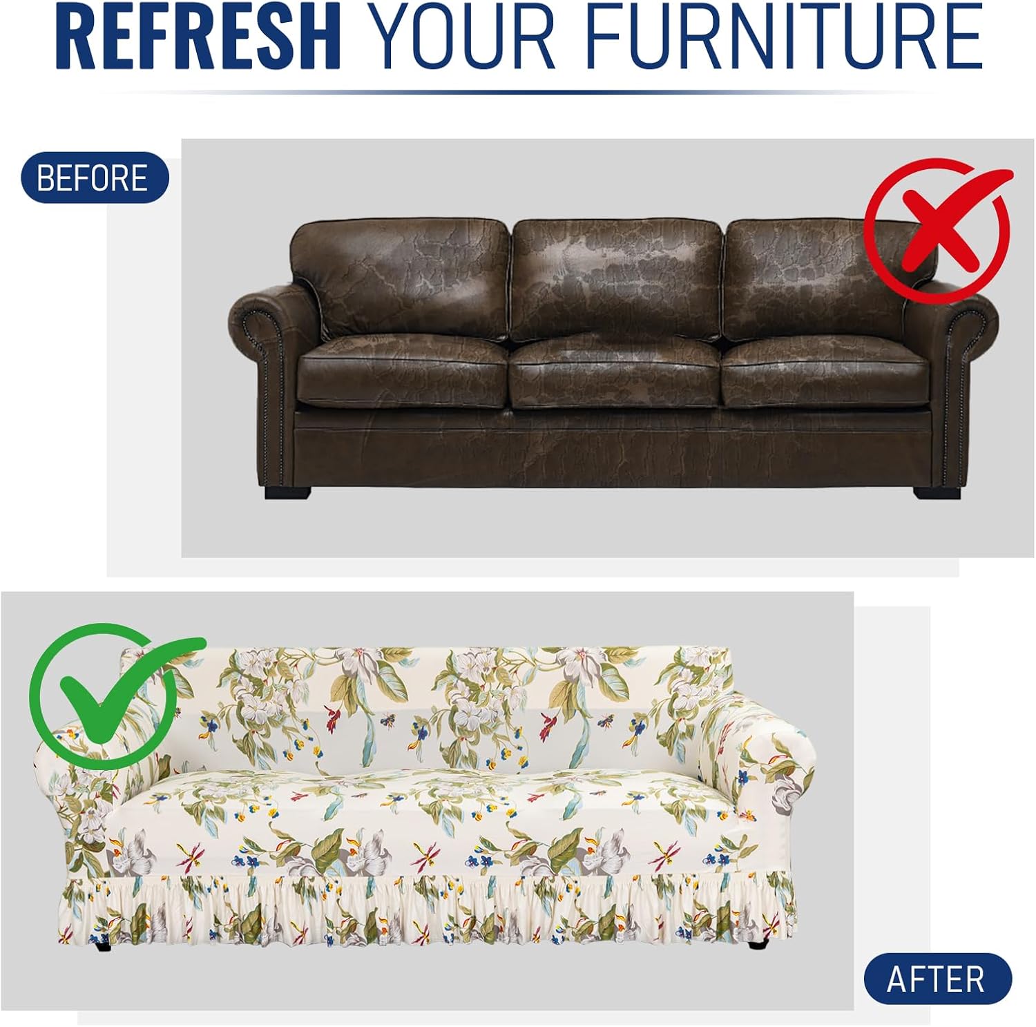 FUANGUI Sofa Slipcover Cover 1 Piece, Stretch Sofa Printed Couch Covers for 3 Cushion Couch Cover with Skirt Pet Friendly, Washable Couch Covers Universal Furniture Protector (3-Seater, 72"-87")