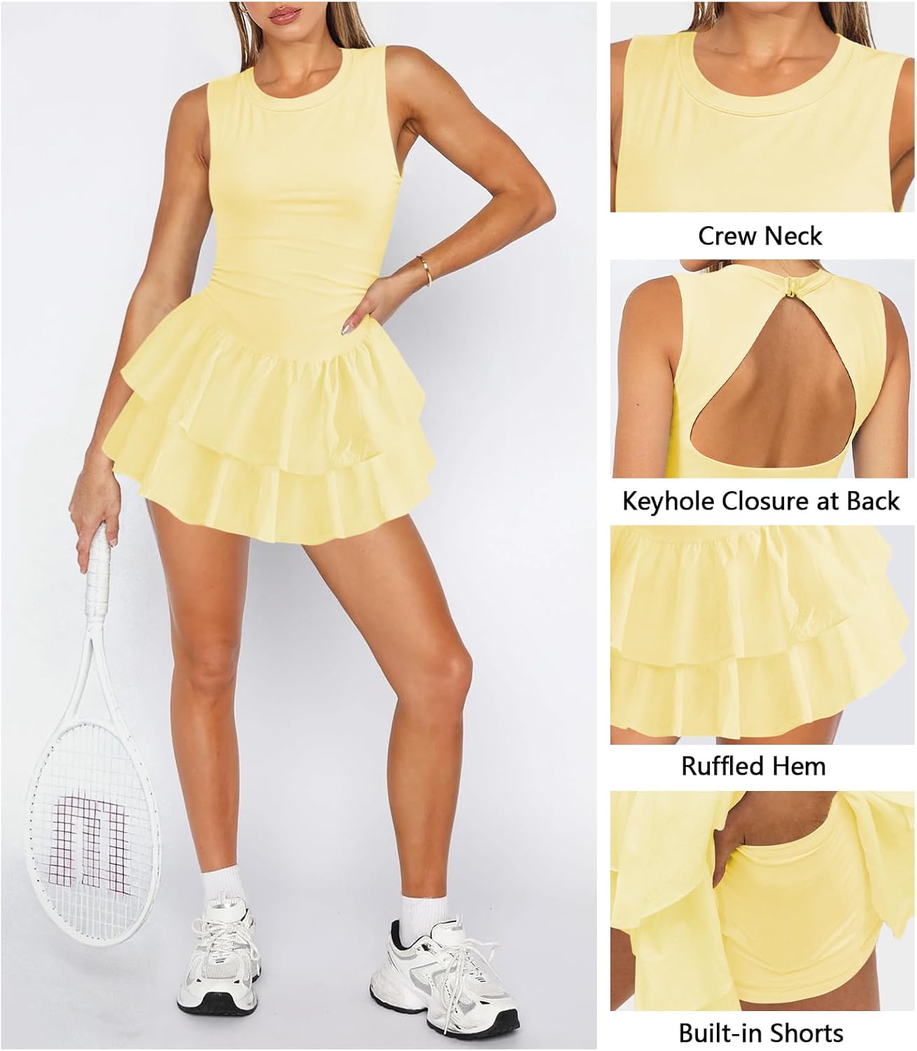 Women's Tennis Pleated Ruffle Athletic Dress for Women Mini Flowy Layered Ruffle Crewneck Sleeveless Dress with Shorts