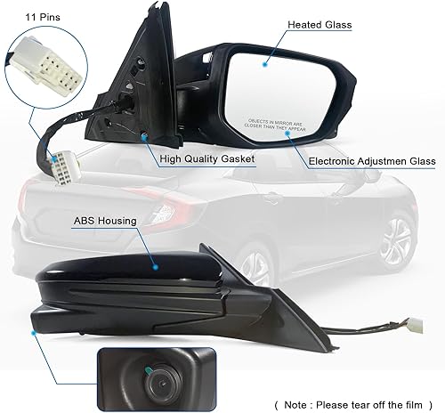 Miniatura 2 de Espejo de puerta lateral derecha del pasajero compatible con Honda Civic Sedancoupehatchback LxExSport 2016-2021 con calefacción eléctrica y cámara
