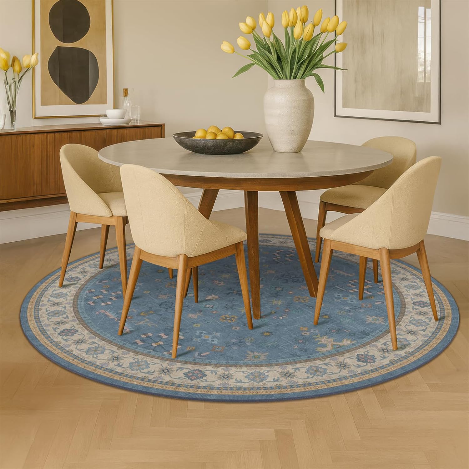 Hazo Haus Washable Blue Round Rug 6ft - Floral Circle Rug for Living Room, Nursury, Kids Room, Playroom, Bedroom, Low Pile Non Slip Stain Resistant, Dusty Blue Indoor Aesthetic Décor