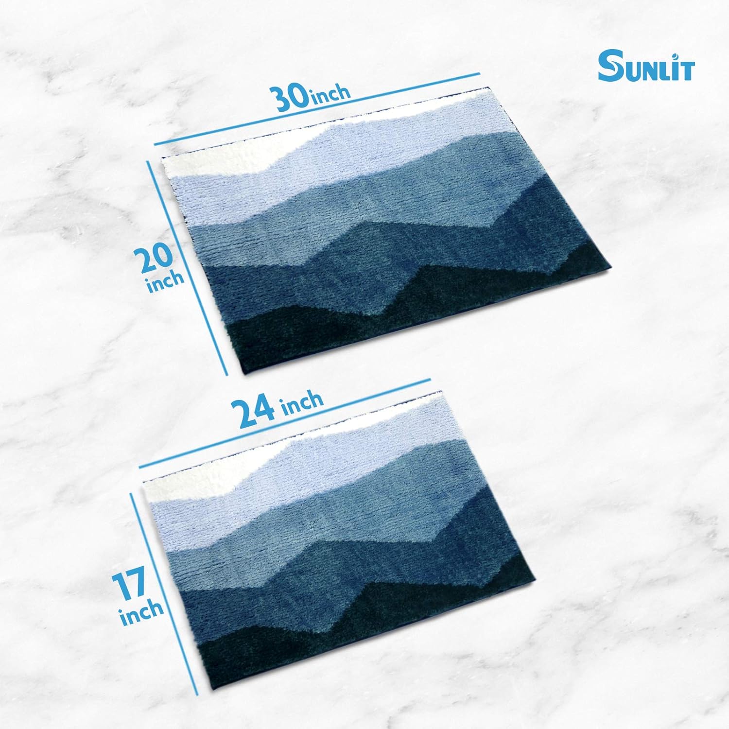 Sunlit 2 Pieces Bathroom Rugs Set, Ombre Blue Bathroom Rugs Non-Slip Absorbent Soft Bath Mat Set, Floor Mats Dry Fast Machine Washable (20"x30"&17"x24")