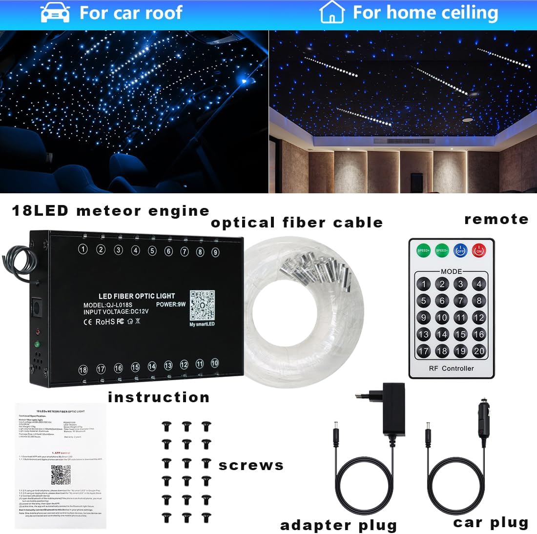 AMKI 144pcs*0.04in*13.1ft Pure White 18LED Meteor Shooting Stars Effect Fiber Optic Lights Kit,20 Modes Meteor Light Engine with Bluetooth+RF Remote Control