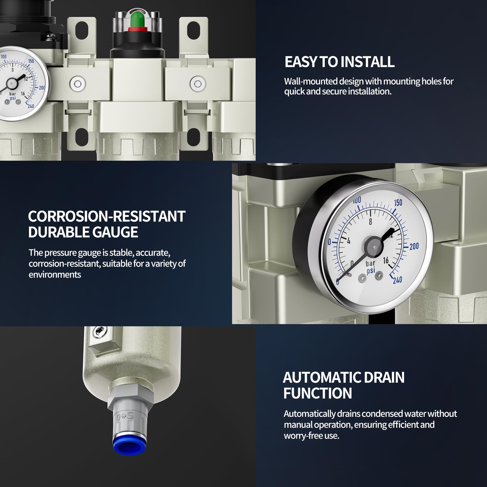 Sistema di filtro per compressore d'aria NPT da 1/2", separatore d'acqua industriale ad aria compressa a 3 fasi con drenaggio automatico, filtro coalescente, essiccatore d'aria e regolatore di