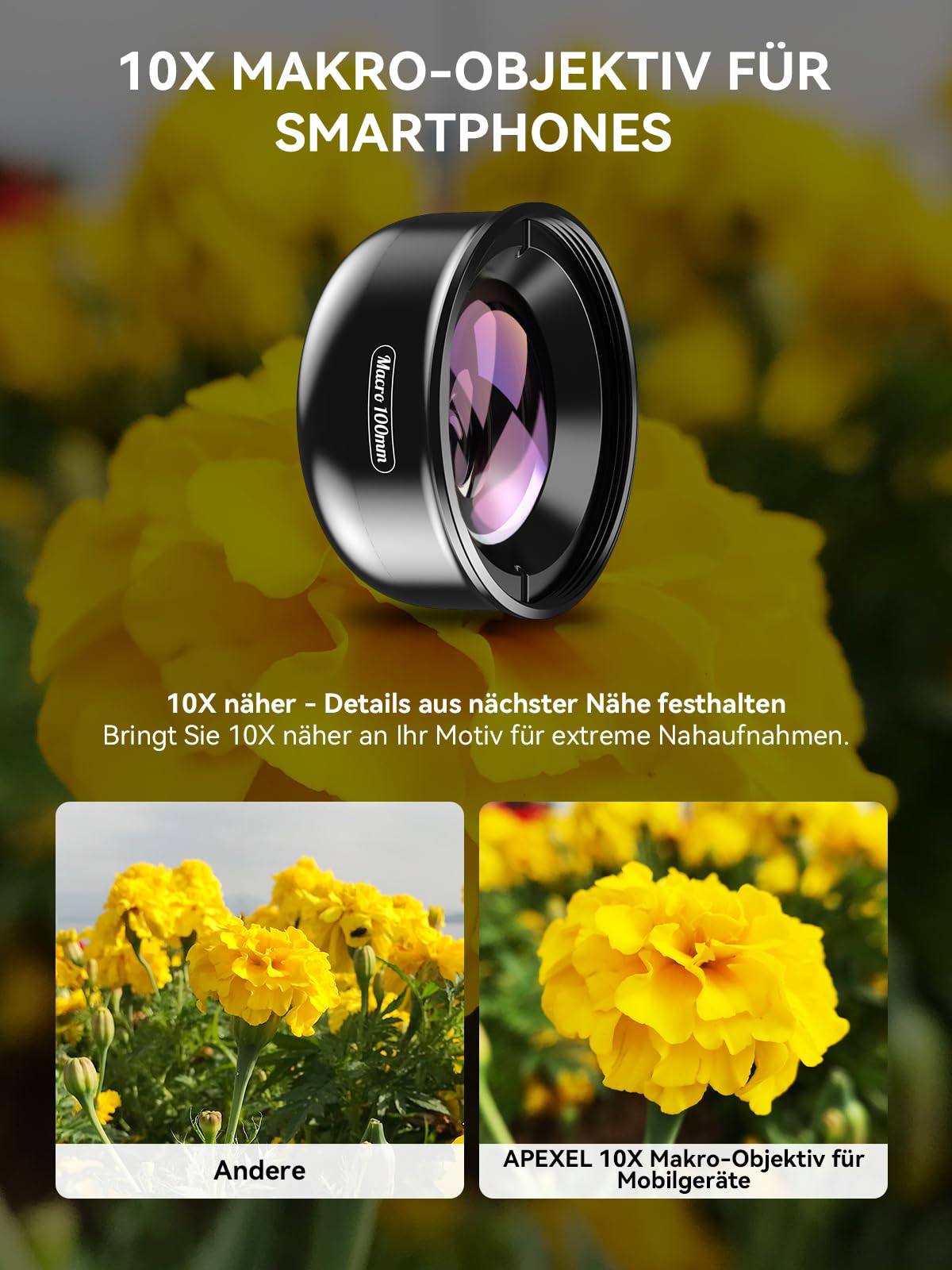 Apexel HD-Objektiv, 100 mm Makroobjektiv für iPhone X/8/8Plus/7/Plus, Samsung Galaxy S10/S10 Plus, Huawei und die meisten Smartphones