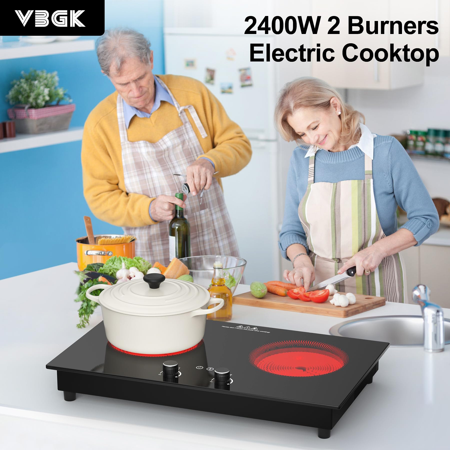 VBGK Electric Cooktop,2400W Electric Stove Top,Countertop and Built-in Hot Plate with Child Safety Lock, Timer, LED touch Knob Control,Overheat Protection,110V 2 Burner Induction Cooktop