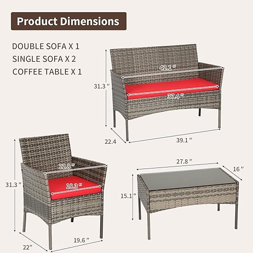 Miniatura 101 de FDW Juego de 3 sillas de mimbre marrón para patio, muebles de exterior, 2 sillas de ratán con cojines rojos y mesa de centro de cristal para porche