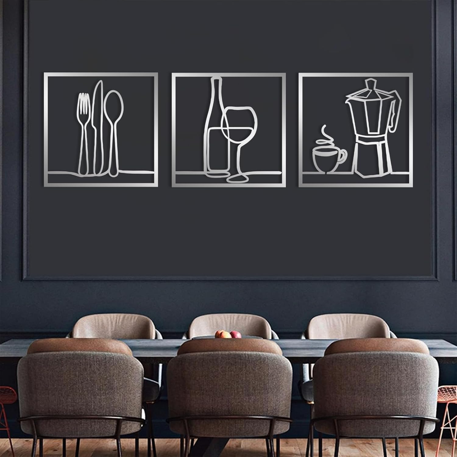 Knife Spoon Fork & Wine Glasses & Teapot Metal Wall Decor, Kitchen Metal Line Wall Art, Kitchen Tools Wall Art, Minimalist Line Wall Hanging, Restaurant Dining Room Decor (Black, 59"x19"/150x50cm)
