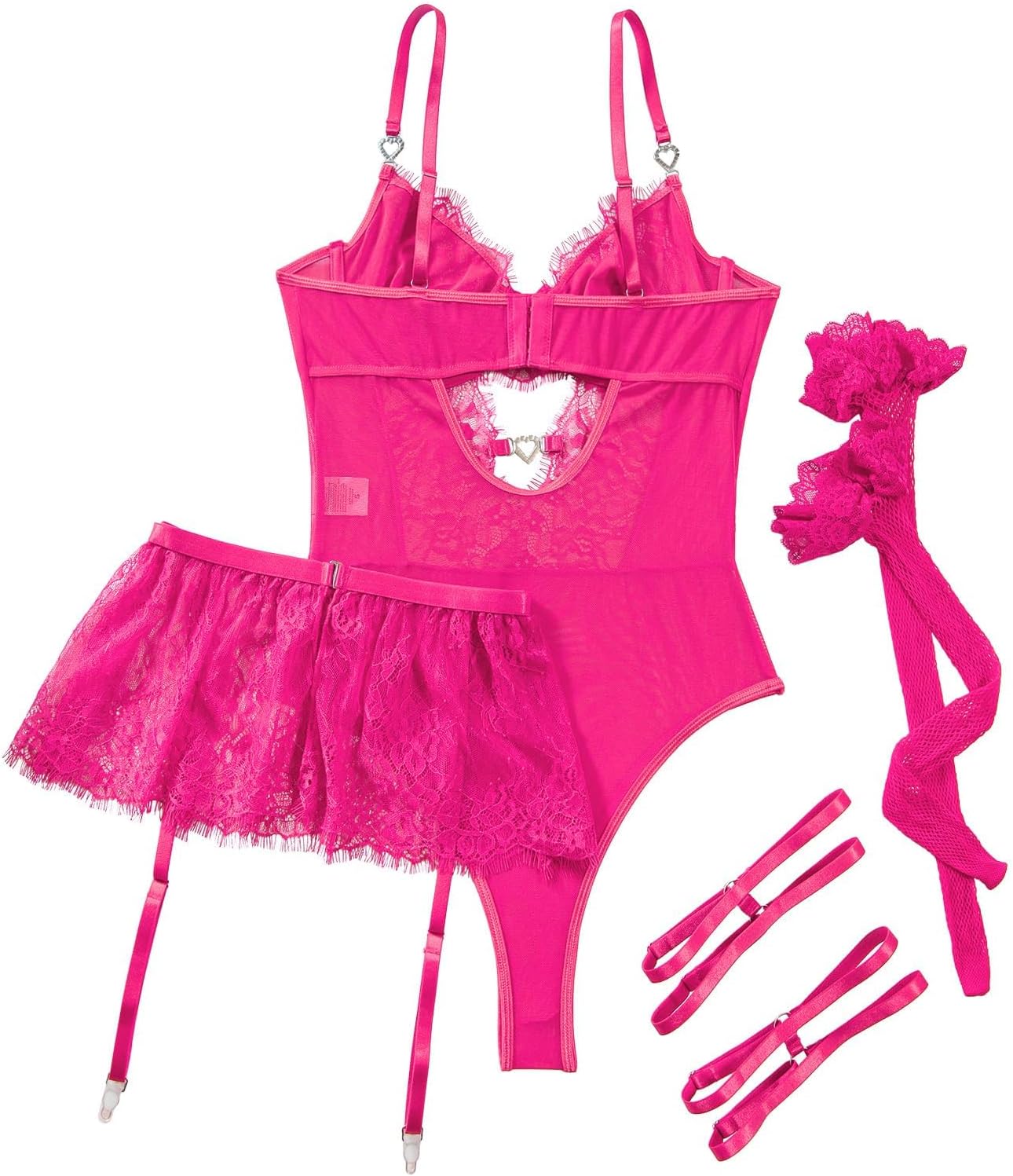 Lilosy Sexy Stocking Rhinestones Heart Garter Underwire Floral Mesh lace Sheer Babydoll Lingerie Teddy Bodysuit Skirt Set - Image 5