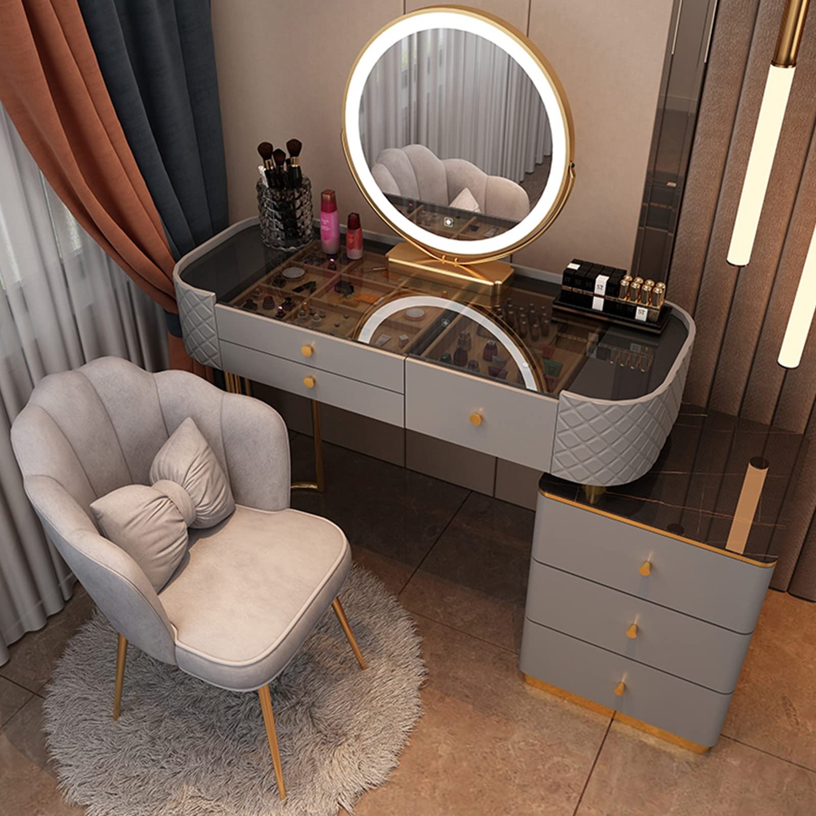 CGCSYZ Girls Makeup Vanity Desk, Drawer Dressing Table Cushioned Stool Set, Vanity Table with 3-Color Touch Screen Dimmable Mirror, for Home Bedroom Decor(Gray+black-100cm/39.3in)