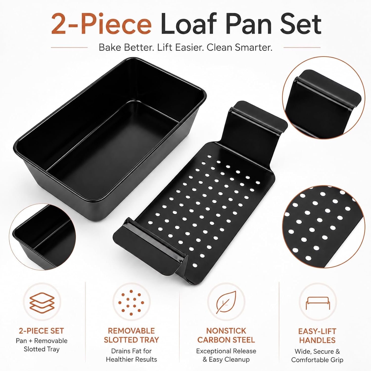 Meatloaf Pan with Drain Tray for Baking Bread, Cakes, 9.8 x 5.7 Inch