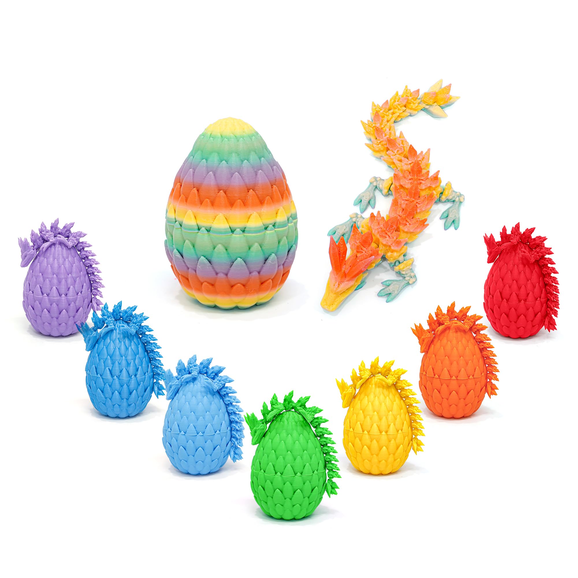 Flavery 8 Pack 3D Printed Dragon in Egg - Mini Eggs with Articulated Crystal Dragon Inside,Cute Fidget Toy, Birthday Gift, Desk Pet Figure(Rainbow-colored)