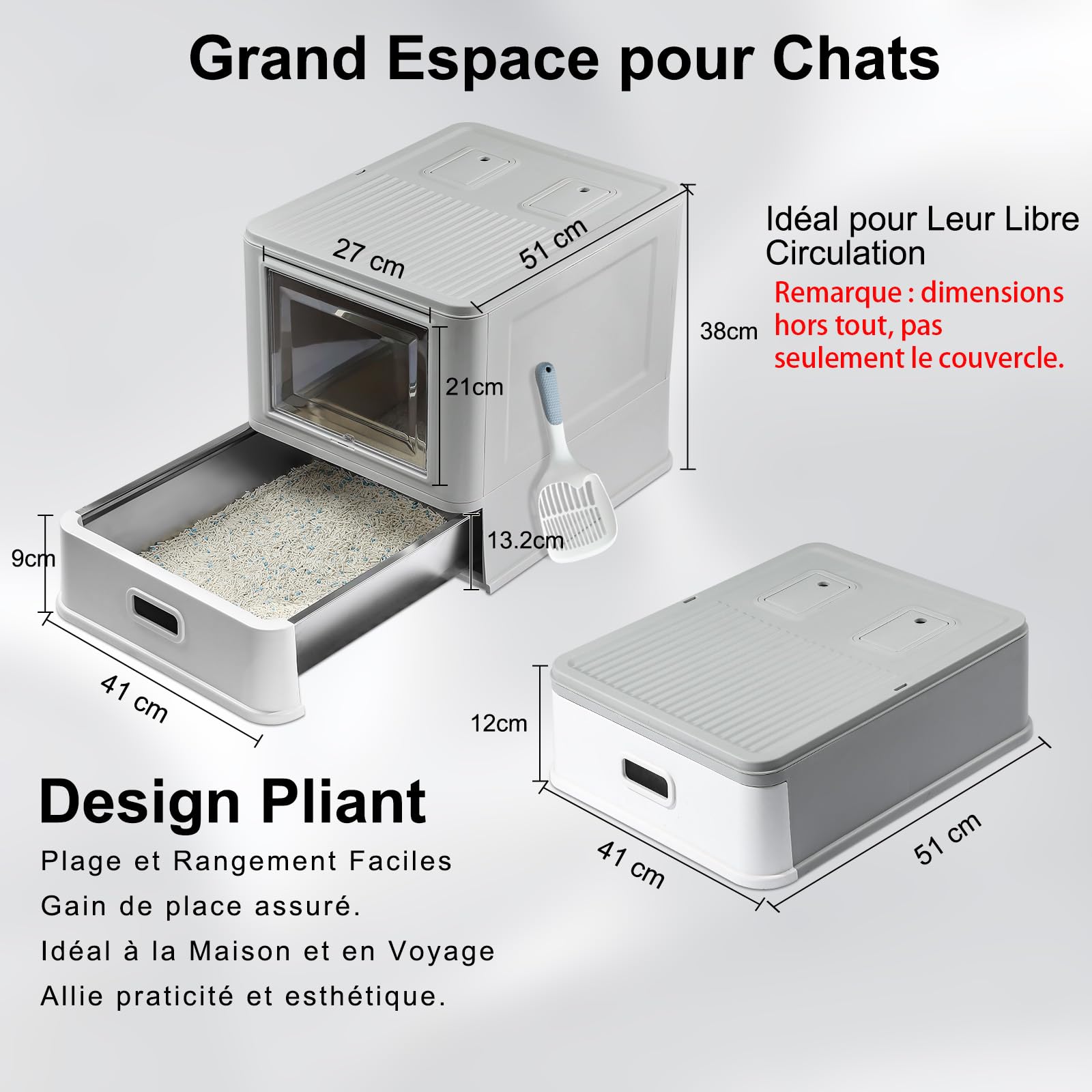 Marchul Bac à Litière pour Chat, Bac à Litière Fermé en INOX avec Couvercle et Tiroir, Large, avec Chicanes Anti-Fuites, Pelle et Tapis, sans Odeur, avec Socle amélioré