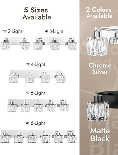 Miniatura 7 de VOLISUN Luces de tocador de cristal  5 lámparas modernas de acero inoxidable y cromo para baño sobre espejo  Certificado UL (excluye bombilla)