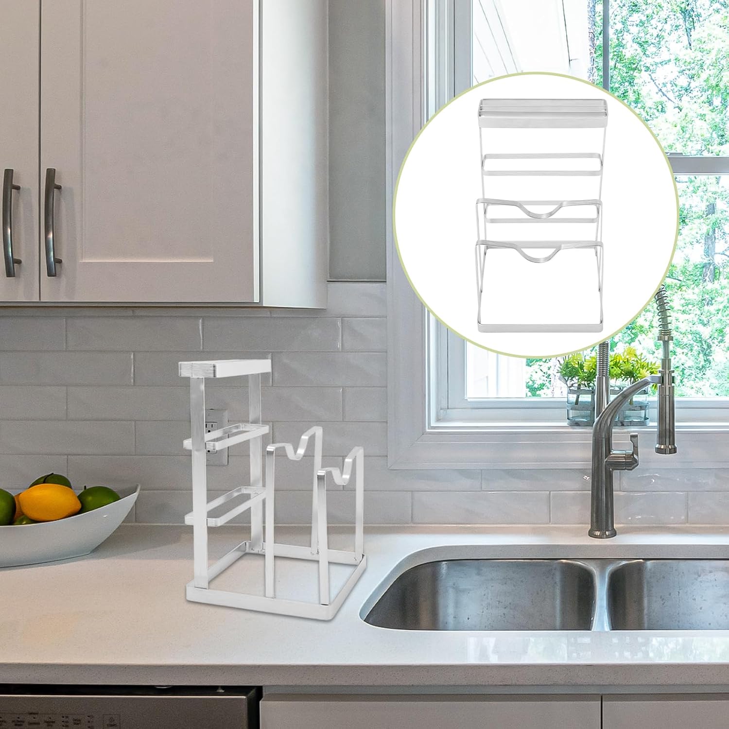 Hemoton Kitchen Pot Lid Holder and Chopping Board Rack Stainless Steel Organizer for Countertop Storage Space-Saving Cooking Accessory