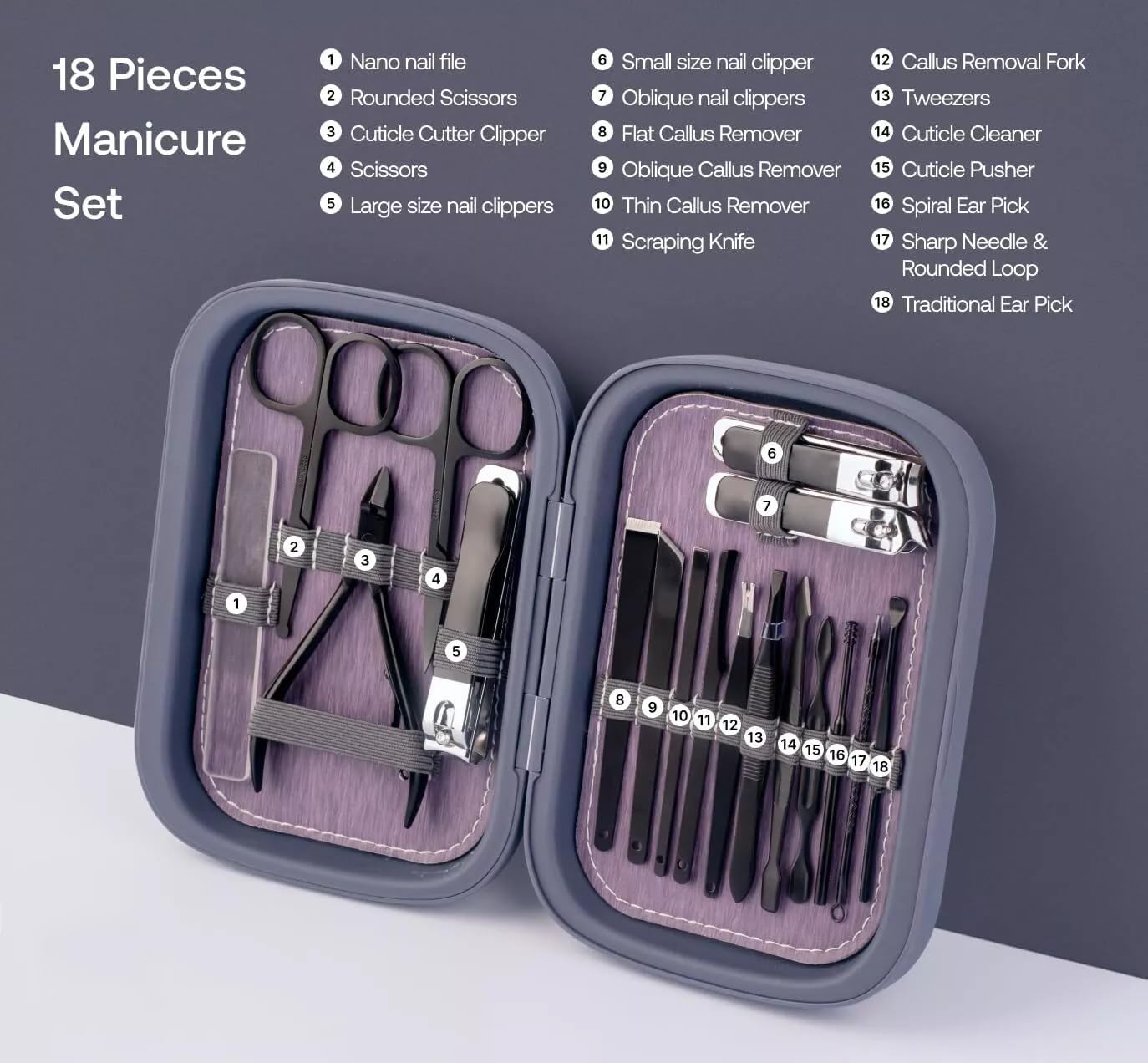 CAZURA 18 Piece Manicure Set, Professional Stainless Steel Nail Care Tools, Portable Professional Grooming Kit - Image 2