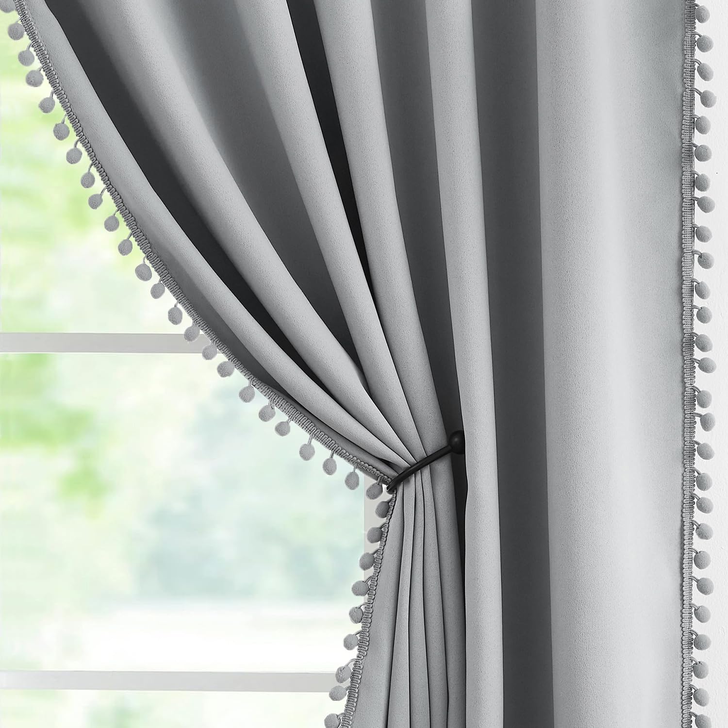 Pom Pom Grey Curtains for Bedroom 54x72 Inch Eyelet Blackout Noise Reducing Window Drapes Energy Efficient Thermal Insulated Living Room Darkening Curtain Panels Children Nursery Room 1 Pair