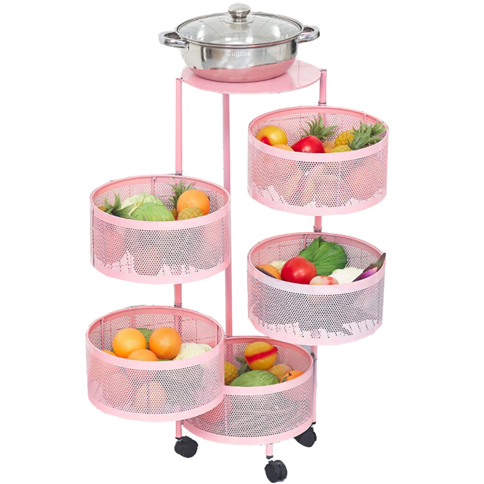 CugzueRotating Vegetable Rack Floor-Standing Multi-Layer Kitchen, 360° Round Kitchen Storage Rack Rotating Baskets,Revolving Basket Kitchen Shelf on Wheels for Kitchen Living Room,Pink