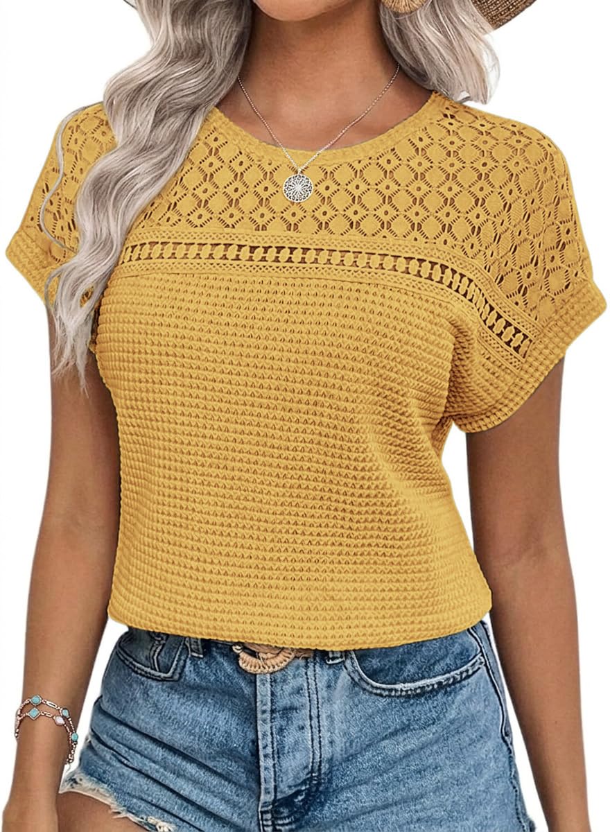Chicrise Blouse Women's Elegant Short Sleeve Lace Tops Crochet Crew Neck T-Shirt Summer, yellow, XXL